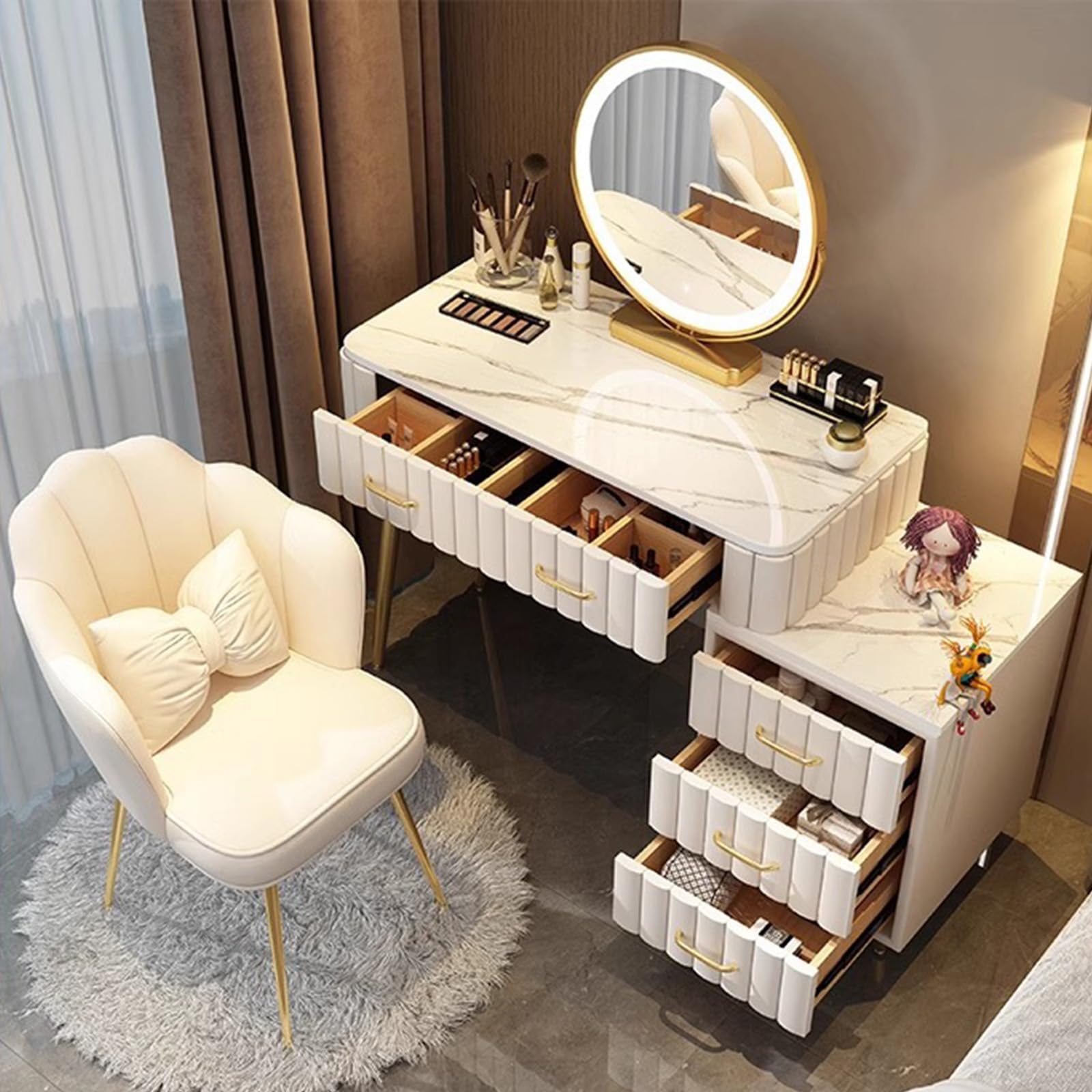 Coiffeuse Avec Miroir LED 3 Couleurs - 5 Tiroirs En Bois Massif, Chaise Velours - Dimensions 80 Ou 100 Cm De Large