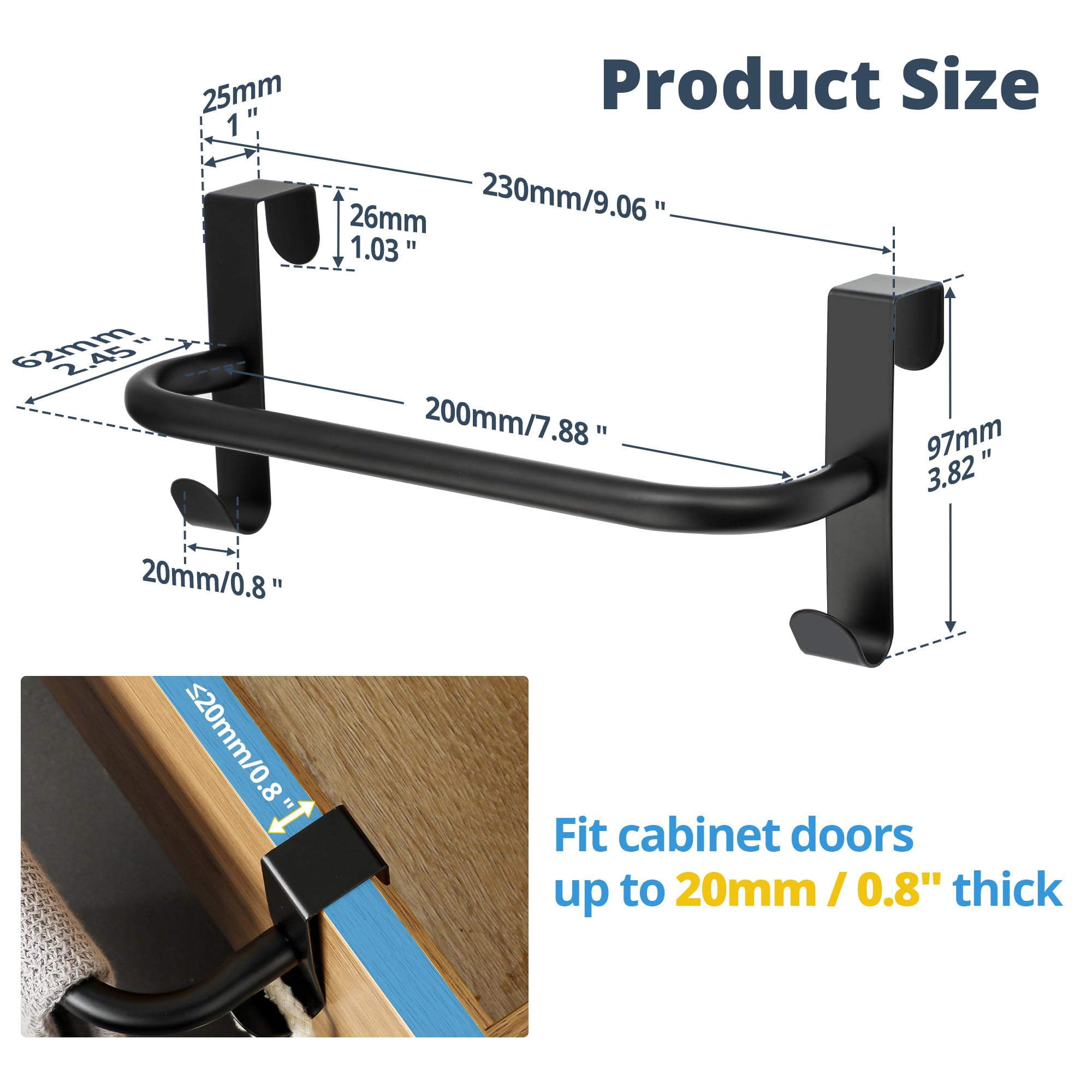 SAYAYO Porta Asciugamani Nero, Appendi Strofinacci Cucina, Porta Strofinacci Cucina con 2 Ganci, Appendini per Armadio, Cassetto, Bagno, Senza Forare, 2 Pezzi, 23CM