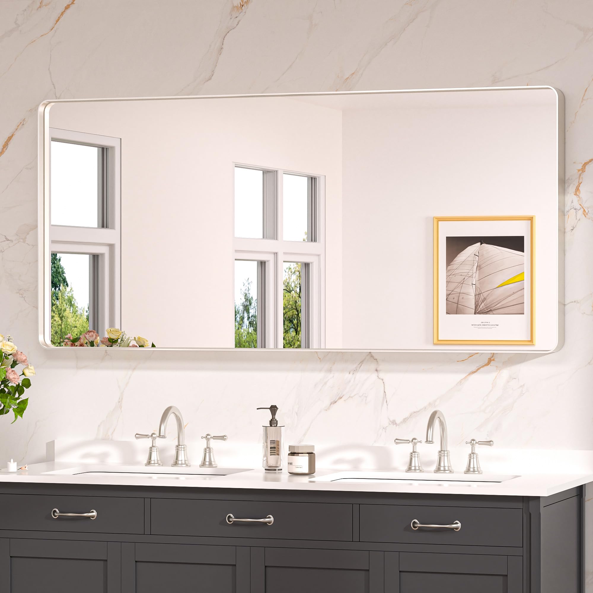 Keonjinn 60 x 28 Inch Brushed Nickel Bathroom Mirrors for Over Sink, Rounded Rectangle Silver Bathroom Vanity Mirror, Farmhouse Mirror for Wall, HD Tempered Glass, Anti-Rust Aluminum Alloy Mirror