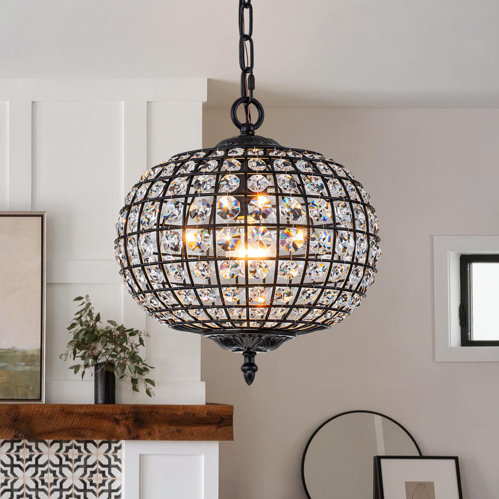 Gold Crystal Chandelier, 16.5" Modern 4-Light Round Crystal Pendant Light Antique Globe Foyer Chandelier for Dining Room Living Room — Amazon image 11
