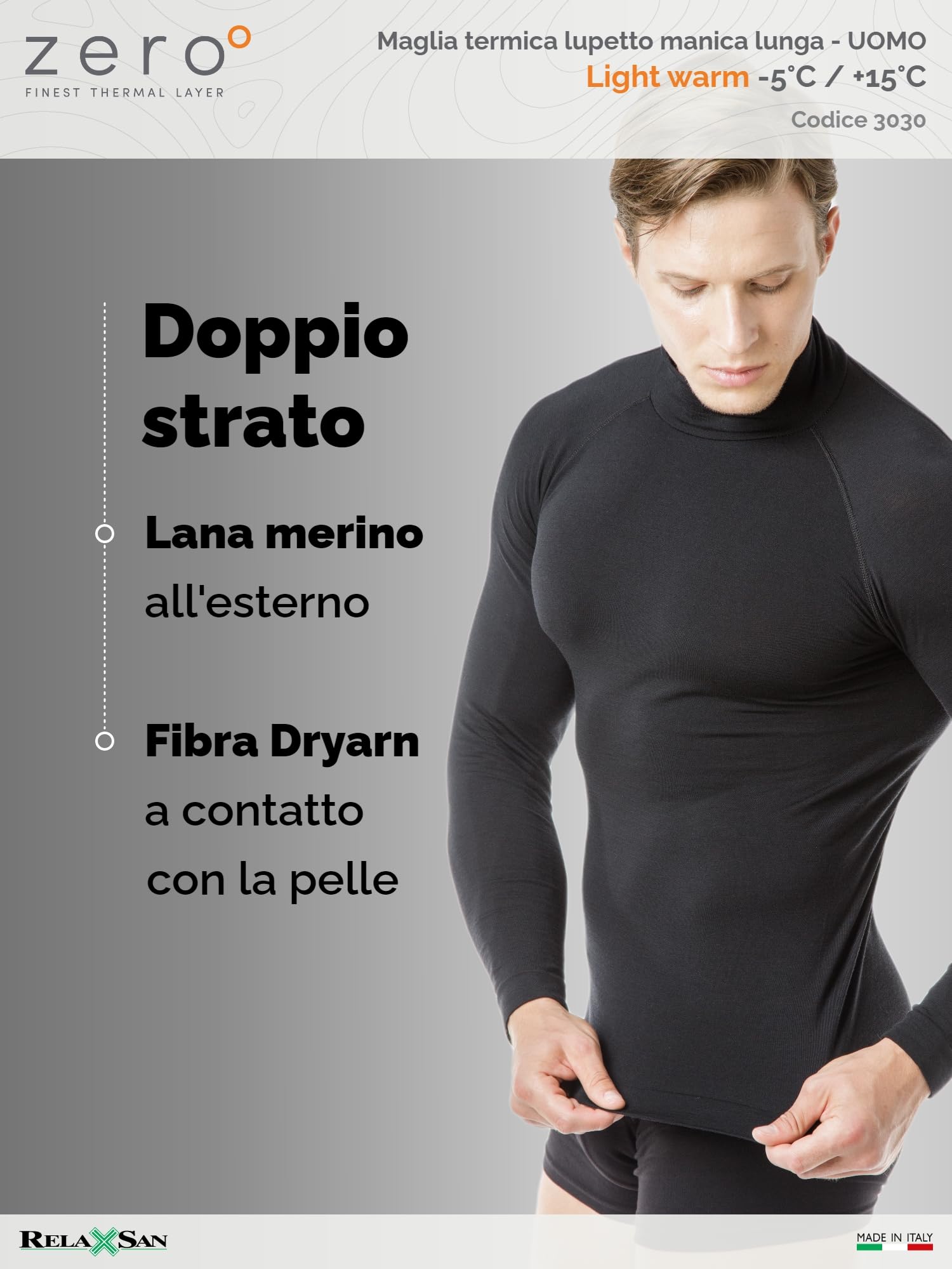 Relaxsan Zero Maglia Termica Uomo Collo Alto Manica Lunga, Lupetto con Lana Merino, Made in Italy, cod. 3030
