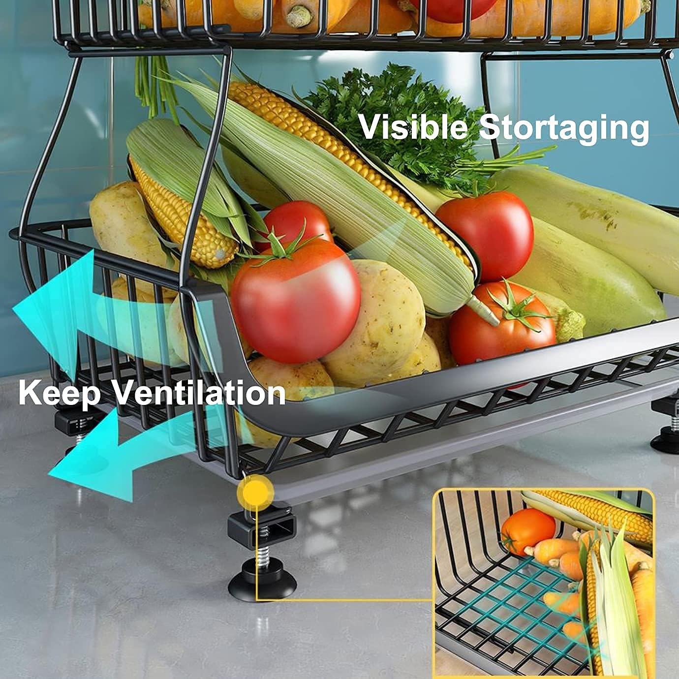 FANWU 5 Tier Fruit Basket Stand, Fruit and Vegetable Storage Cart, Wire Storage Basket with Wheels, Metal Stackable Snack Organizer, Potatoes Onions Produce Storage Bins Rack for Kitchen, Pantry (Black-5-Tier Storage Baskets)
