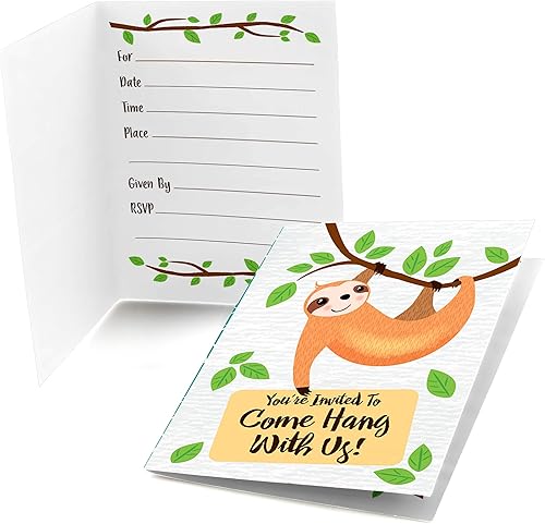 Big Dot of Happiness Let's Hang - Perezoso - Rellena invitaciones para baby shower o fiesta de cumpleaños (8 unidades)