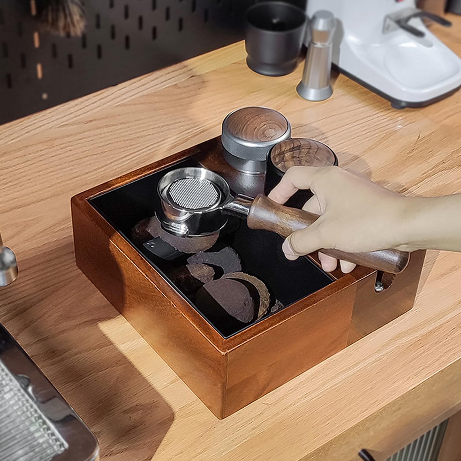 Stacja tampera, stacja do espresso i pudełko na ubijki, tamper espresso, tamper do kawy, organizer na akcesoria do kawy, z rozdzielaczem sitka, akcesoria do krążka (58 mm)