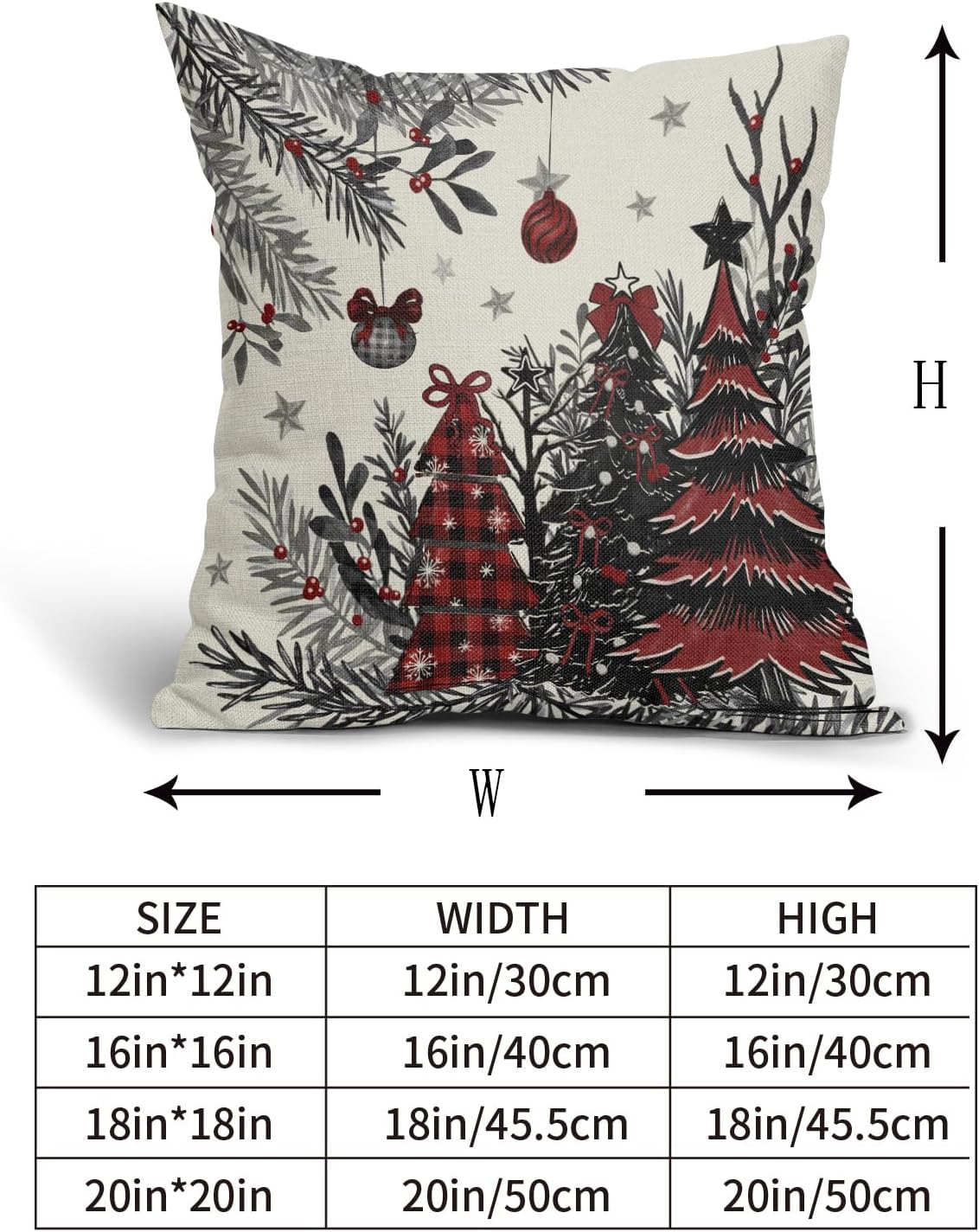 Sweetshow Christmas Tree Print Decorative Throw Pillow Covers, 24x24 Set of 2, Black Red, Linen, Perfect for Living Room, Bedroom, Office, Coffee Shop, Car, Outdoor, Porch Swing, Balcony, Patio