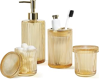 Gold Bathroom Accessories 4 Pcs, Gold Soap Dispenser and Toothbrush Holder Set, Qtip Holder Set, Glass Bathroom Sink Set, Yellow Orange Bathroom Decor