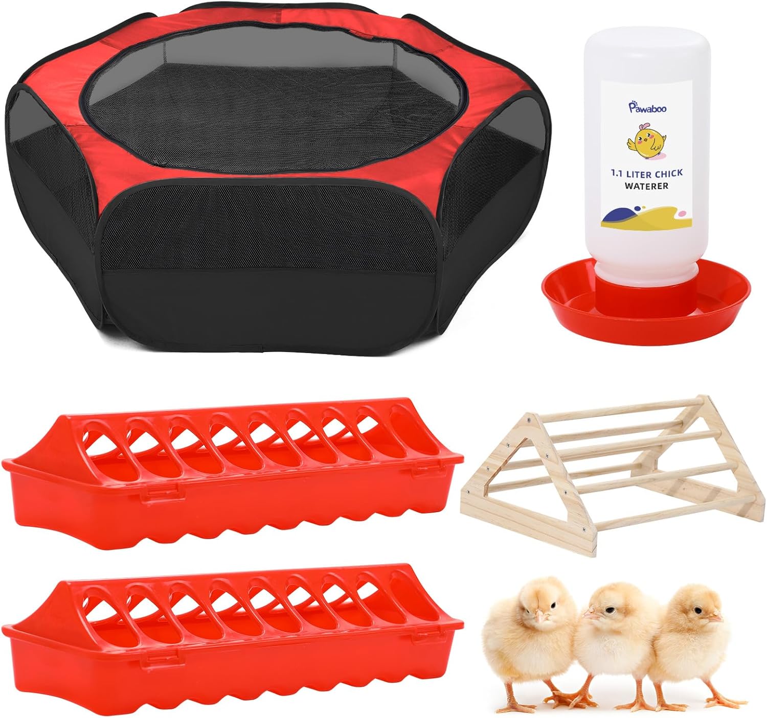 Pawaboo 5-in-1 Chicken Brooder Box for Chick Starter Kit, Includes Pet Cage Tent, Chicks Perch, Chicks Feeder, 1.1L Chick Waterer, Chicken Supplies (Brooder Set), Red+Black