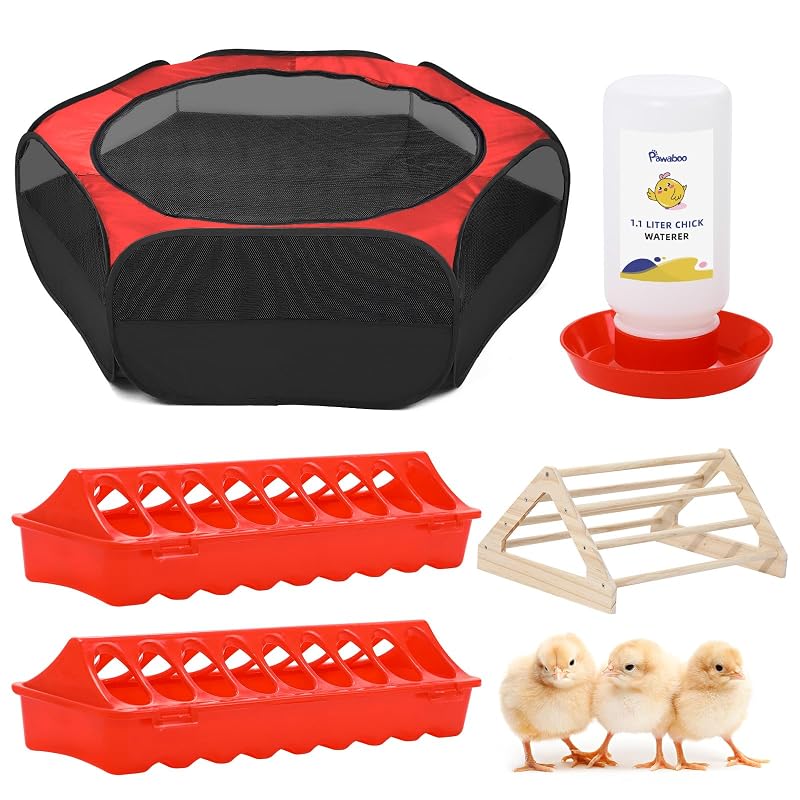 Cercadinho para Pintinhos com Poleiro, Comedouros e Bebedouro Pawaboo Z-Red+Black