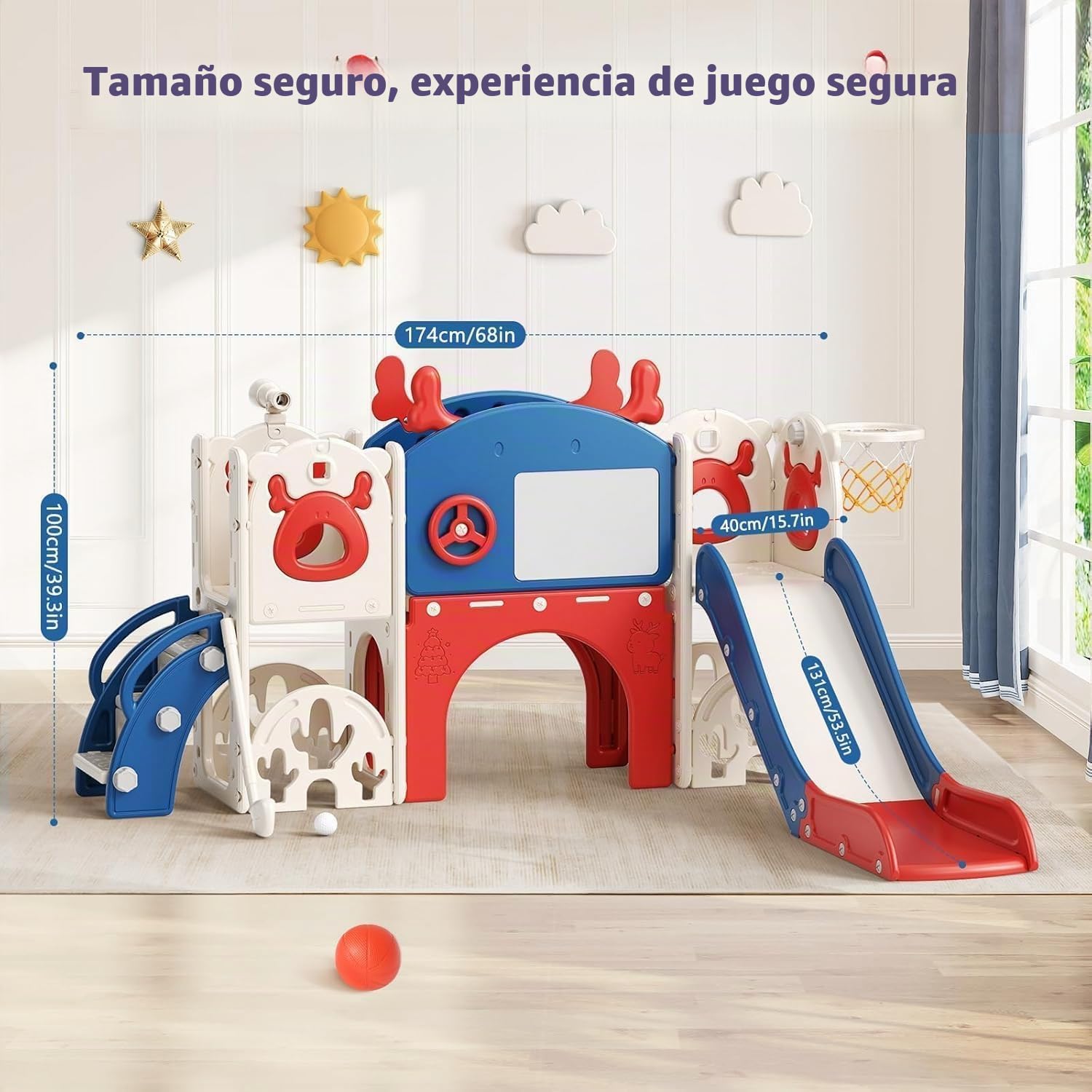 Tobogán para niños, grande con canasta de baloncesto, estructura de escalada para jardín, telescopio, espacio de almacenamiento (tobogán alce 7 en 1 – azul y rojo)
