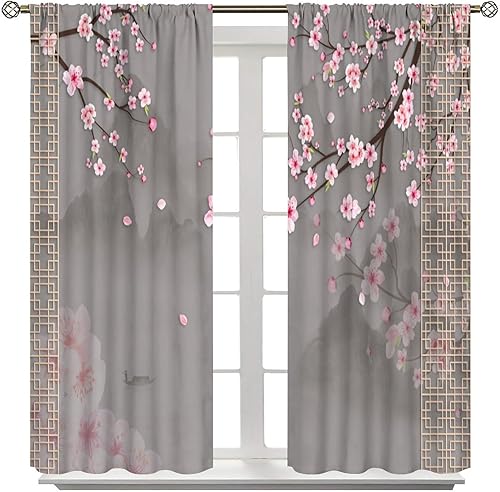 Miniatura 8 de JESTRONRY Cortinas asiáticas, estilo japonés, pintura de montaña, ramas, flores, oscurecimiento de habitación, puerta, ventana, bolsillo para barra,