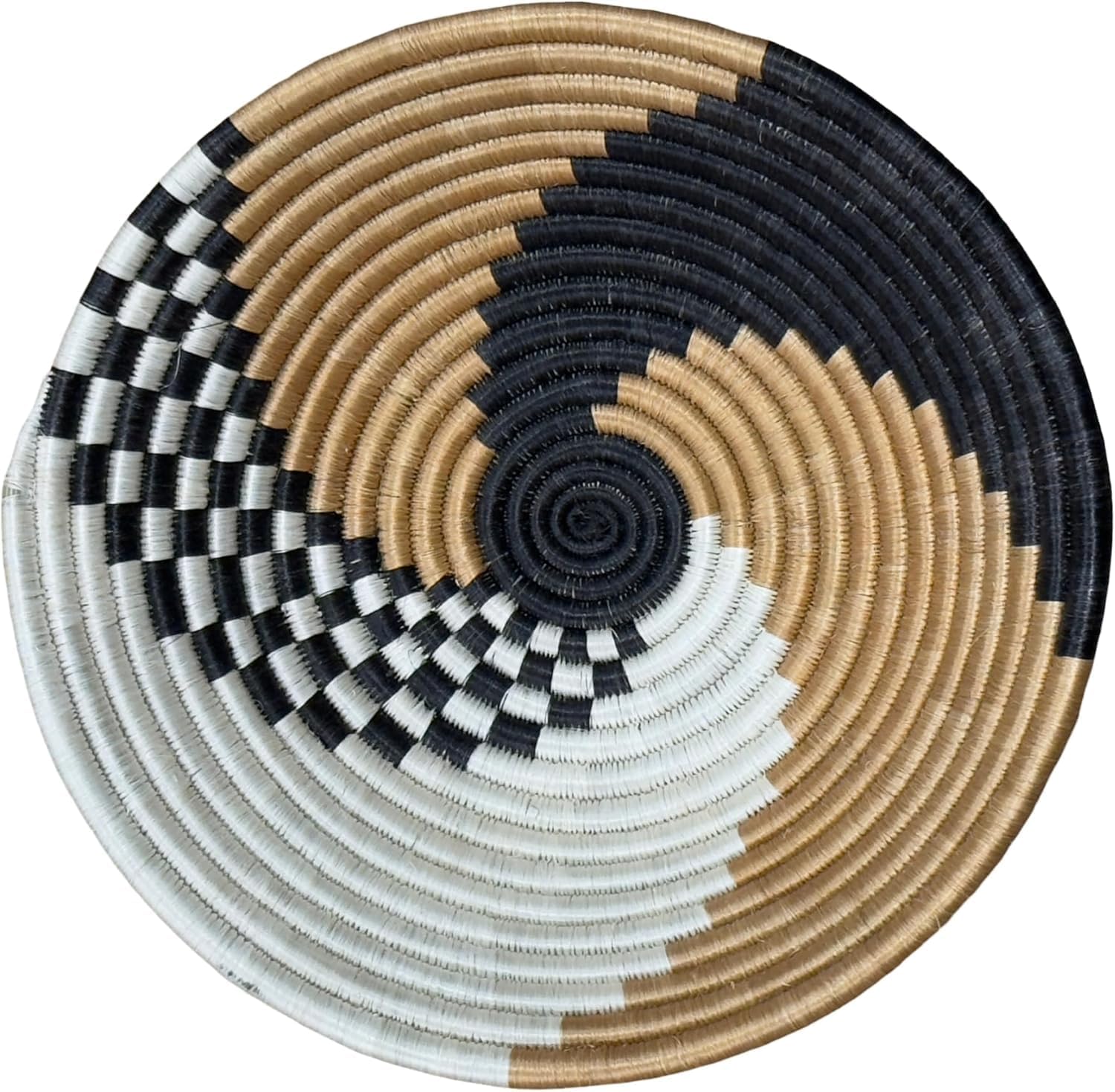 Handwoven African Sisal Basket Bowl Handmade Woven Fruit Bowl, Decorative Wall Basket for Home Décor, Living Room Centerpiece Gifts Zen Design Arts and Crafts (Swirl Black Tan, 12in diameter)