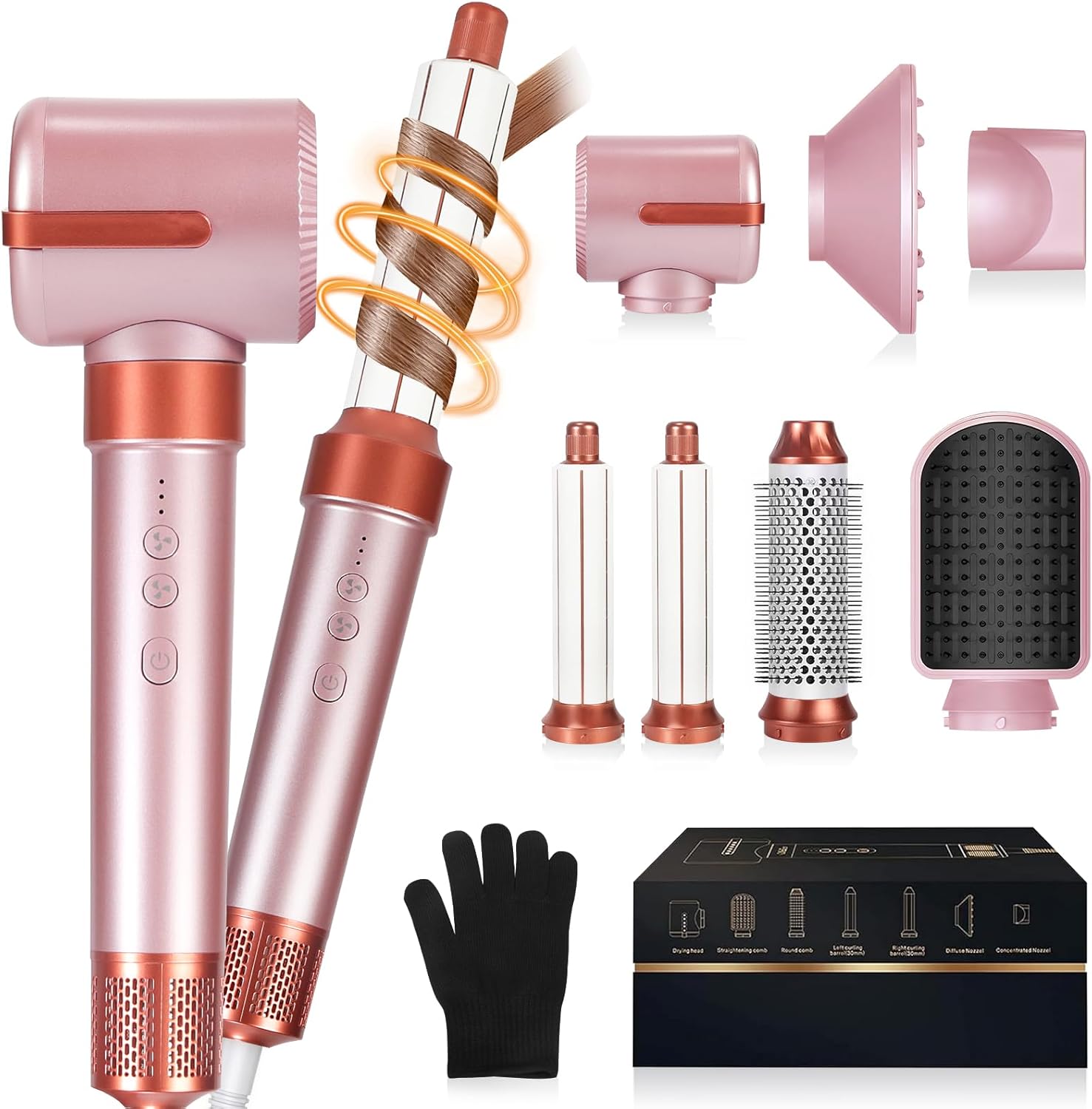 Hot Air Brush Blow Dryer, 7-in-1 Styler Curling Wrap&Hair Dryer - 110,000 RPM Negative Ion, 3 Temp Settings for Straightening/Curls/Drying/Smoothing-Hair Styling Tool