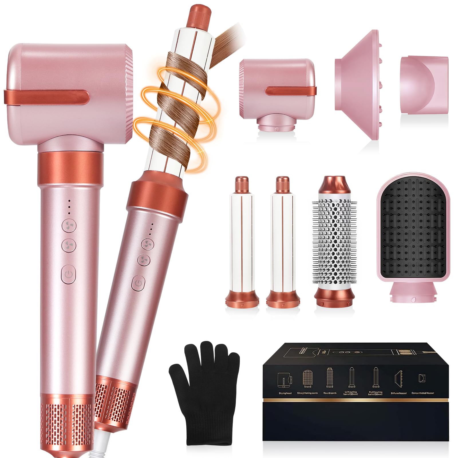 Hot Air Brush Blow Dryer, 7-in-1 Styler Curling Wrap&Hair Dryer - 110,000 RPM Negative Ion, 3 Temp Settings for Straightening/Curls/Drying/Smoothing-Hair Styling Tool