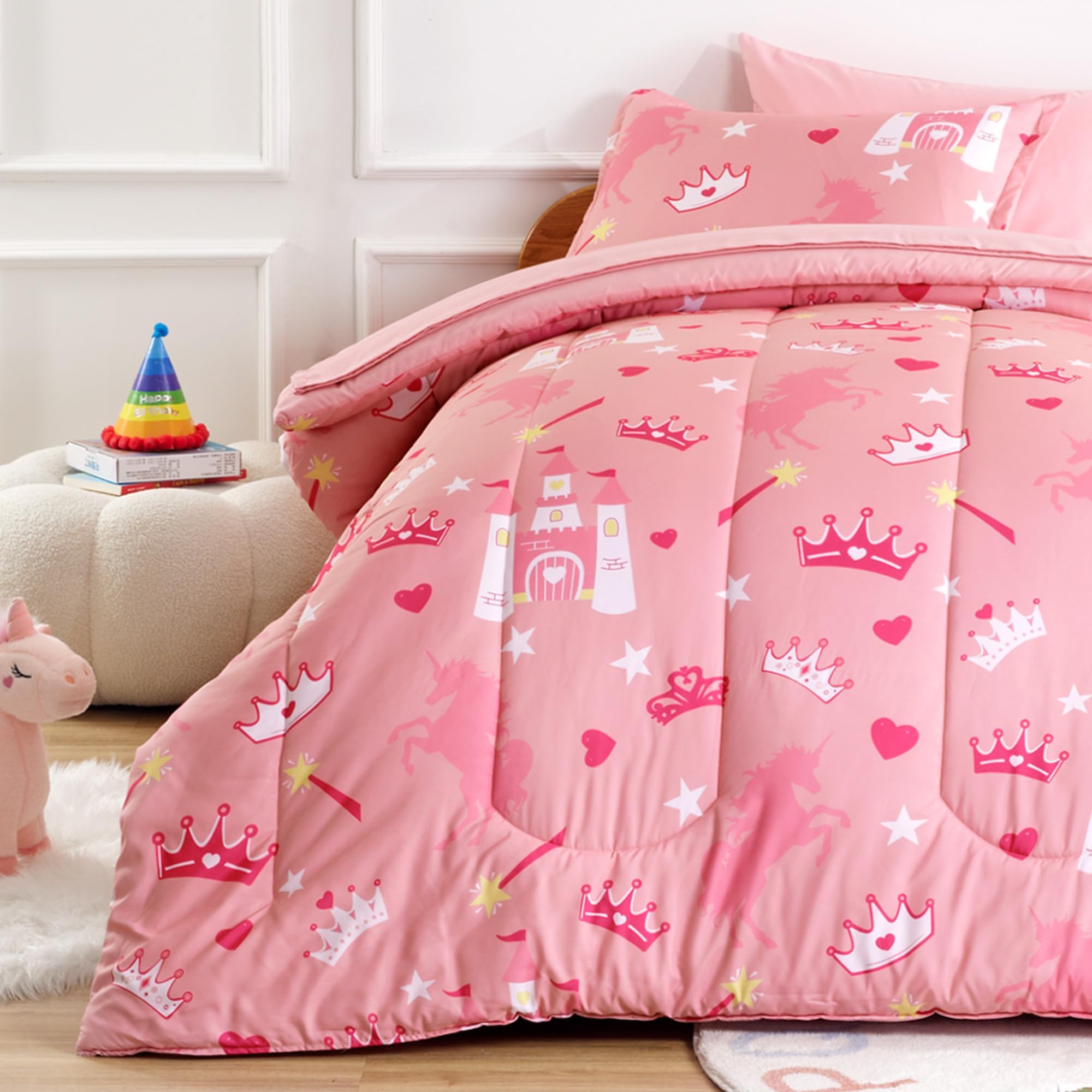 Cute Comforter Set Queen/Full Size, Cooling and Warm Bed Set Fluffy, Lightweight Bedding Set & Collections, Down Alternative 7 Pieces, Castle Party