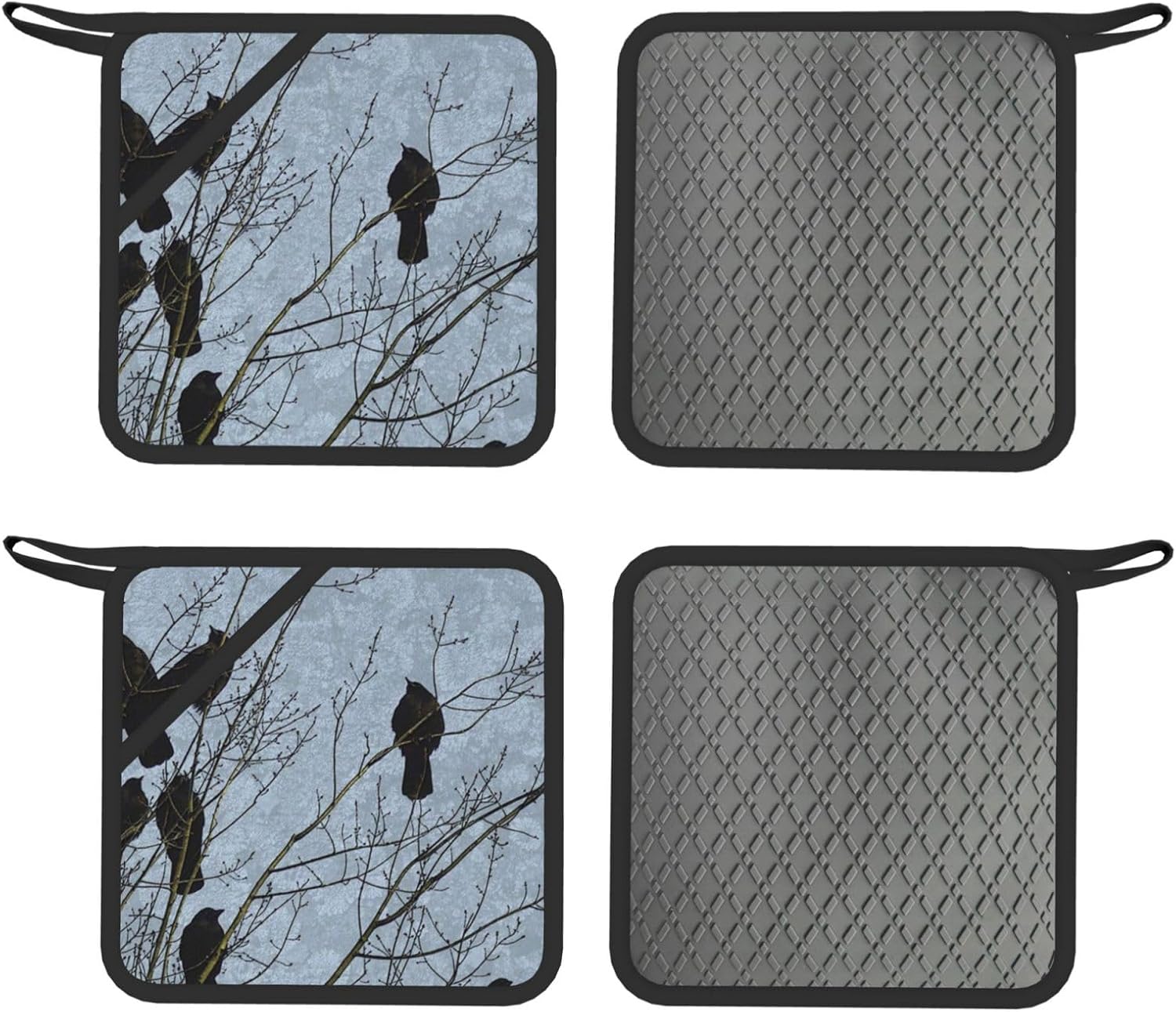 Black Crow Birds Oven Mitts and Pot Holders Set of 4 Heat Resistant Kitchen Gloves with Silicone Palm Hot Pads for Baking Cooking Grilling BBQ