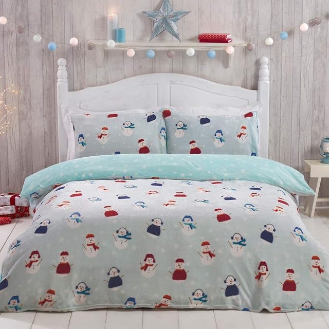 Sleepdown Jolly Snowman Christmas Fleece Blue Warm Cosy Super Soft Easy Care Xmas Grey Stars Reversible Duvet Cover Quilt Bedding Set with Pillowcase - Single (135cm x 200cm)