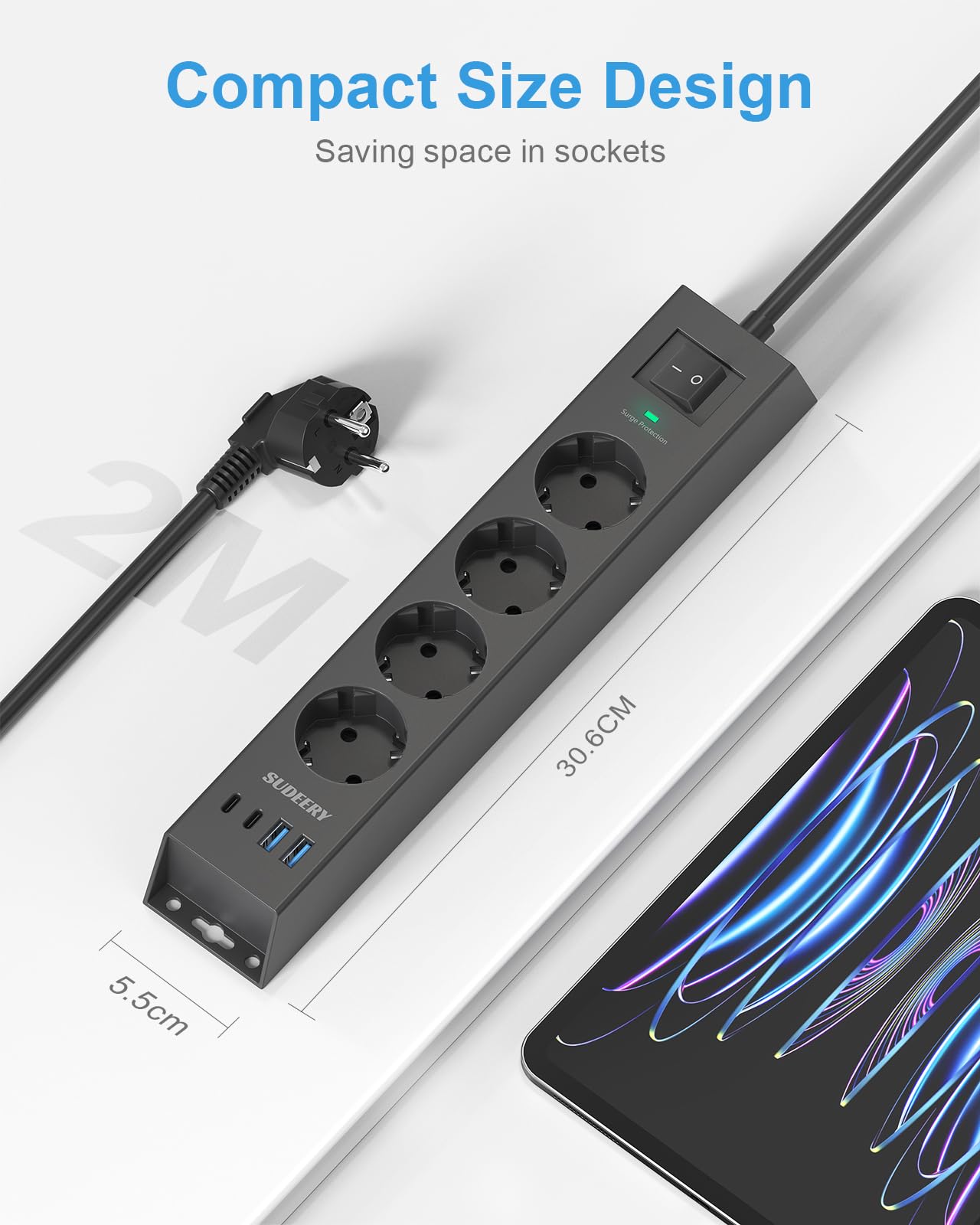 Listwa zasilająca z 4 gniazdami z USB C, listwa zasilająca 8 w 1, montaż ścienny, z przełącznikiem i kablem 2 m, z zabezpieczeniem przed przepięciem, do biura, kuchni (czarna)