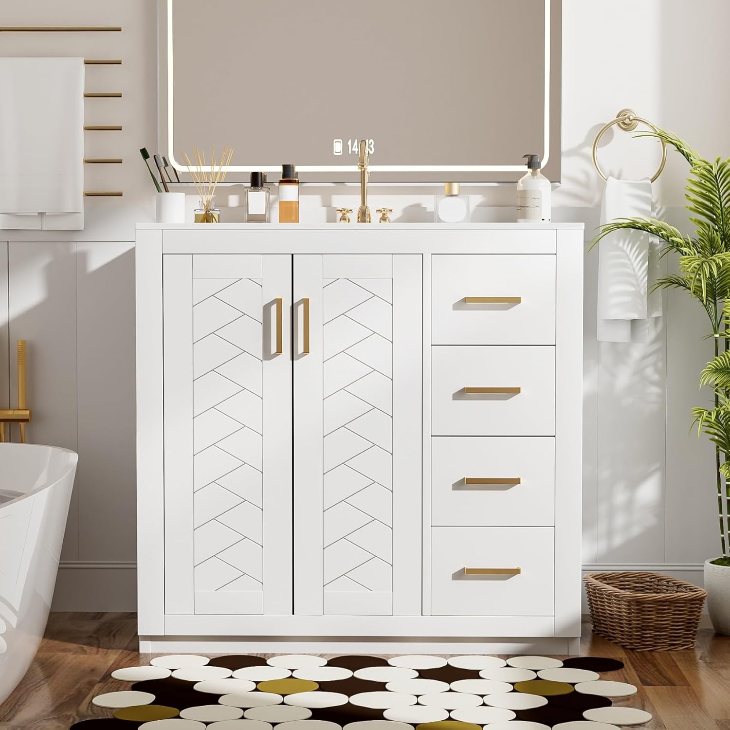 36'' Bathroom Vanity with Ceramic Sink Combo, Solid Wood Frame Storage Cabinet & 3 Drawers, Freestanding, Soft Closing Doors, White