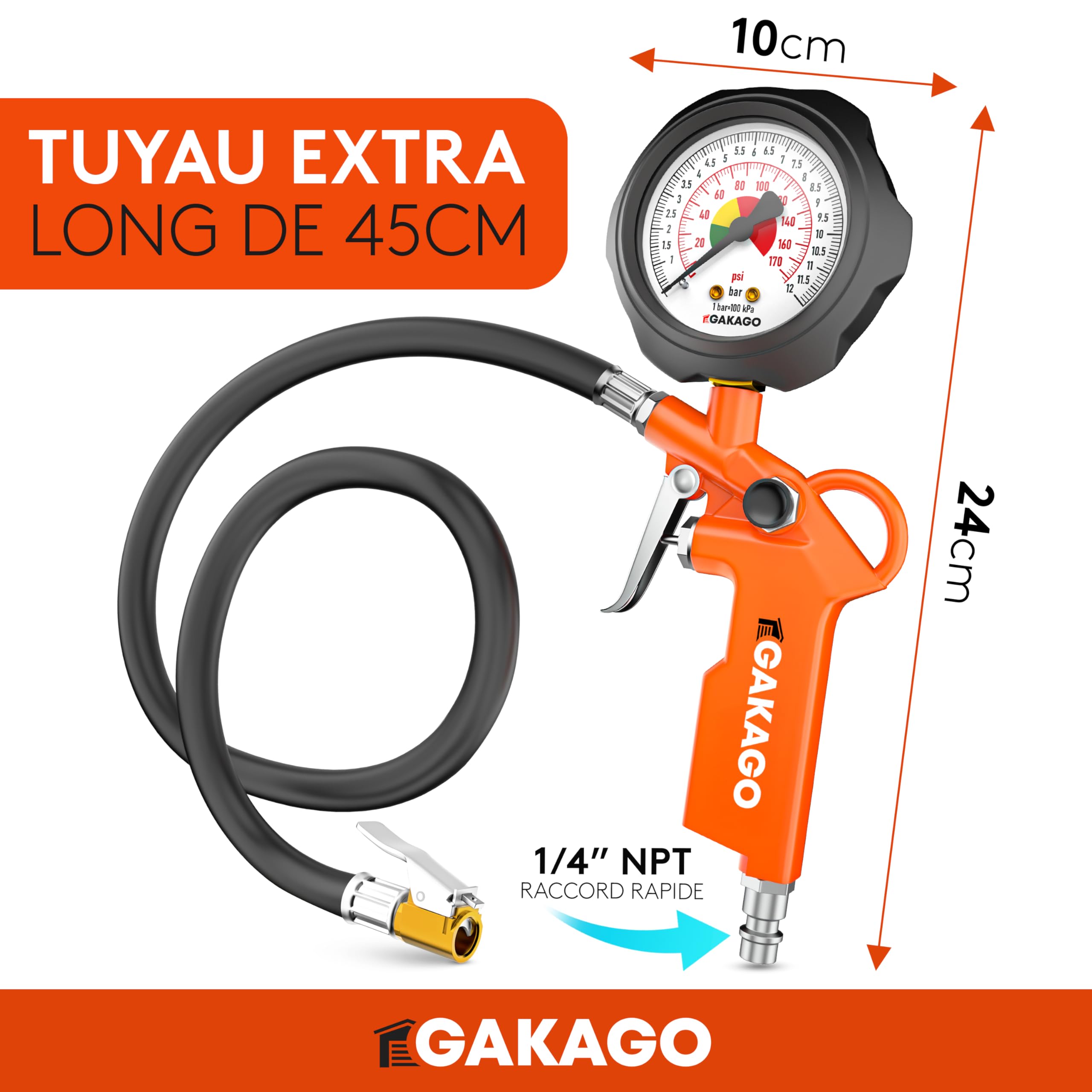 Gakago Gonfleur de pneus - Gonfleur de pneus précis avec manomètre à air comprimé de haute qualité 0-12 bar - Tuyau de gonflage extra long de 45 cm - Testeur de pression de pneus polyvalent