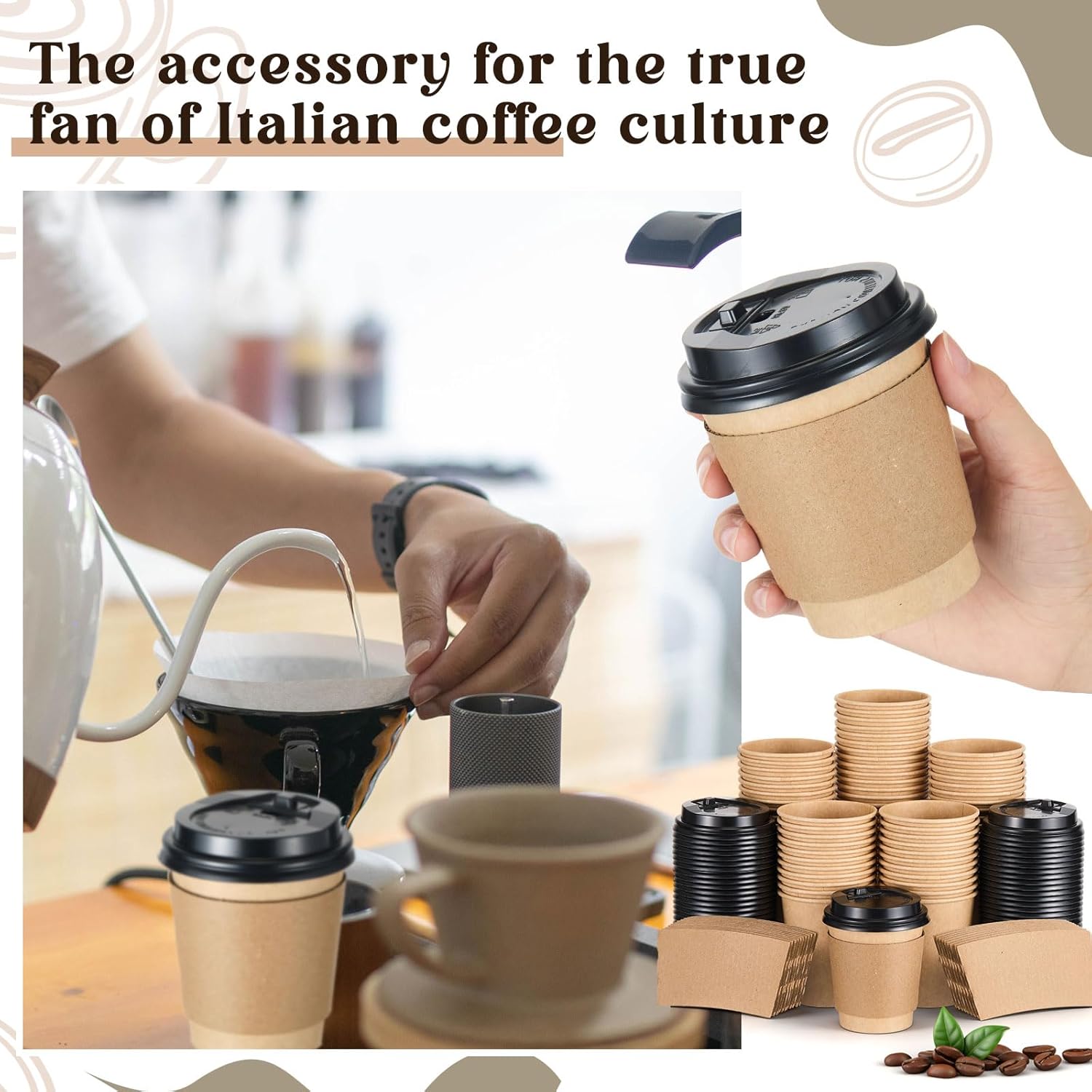 100 Pack 8 oz Kraft Paper Coffee Cups with Lids and Sleeves, Disposable Espresso Cups, Leak-Proof Thickened Hot/Cold Beverage Drinking Cup for Party, Home, Cafes, Businesses