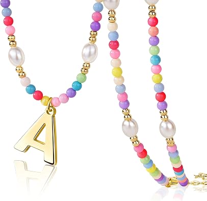 Initial Necklace for Teen Little Girls Kids Women Bulk, Toddler Colorful Beaded Pearl Choker with Letter Pendant, Cute Personalized Jewelry Gift for Easter, Party, Birthday
