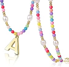 Easter Egg Fillers for Teen Girls Kids Women, Initial Necklace Bulk, Preppy Colorful Rainbow Beaded Pearl Choker with Letter Pendant, Cute Summer Beach Personalized Jewelry Gift for Party, Birthday, Everyday