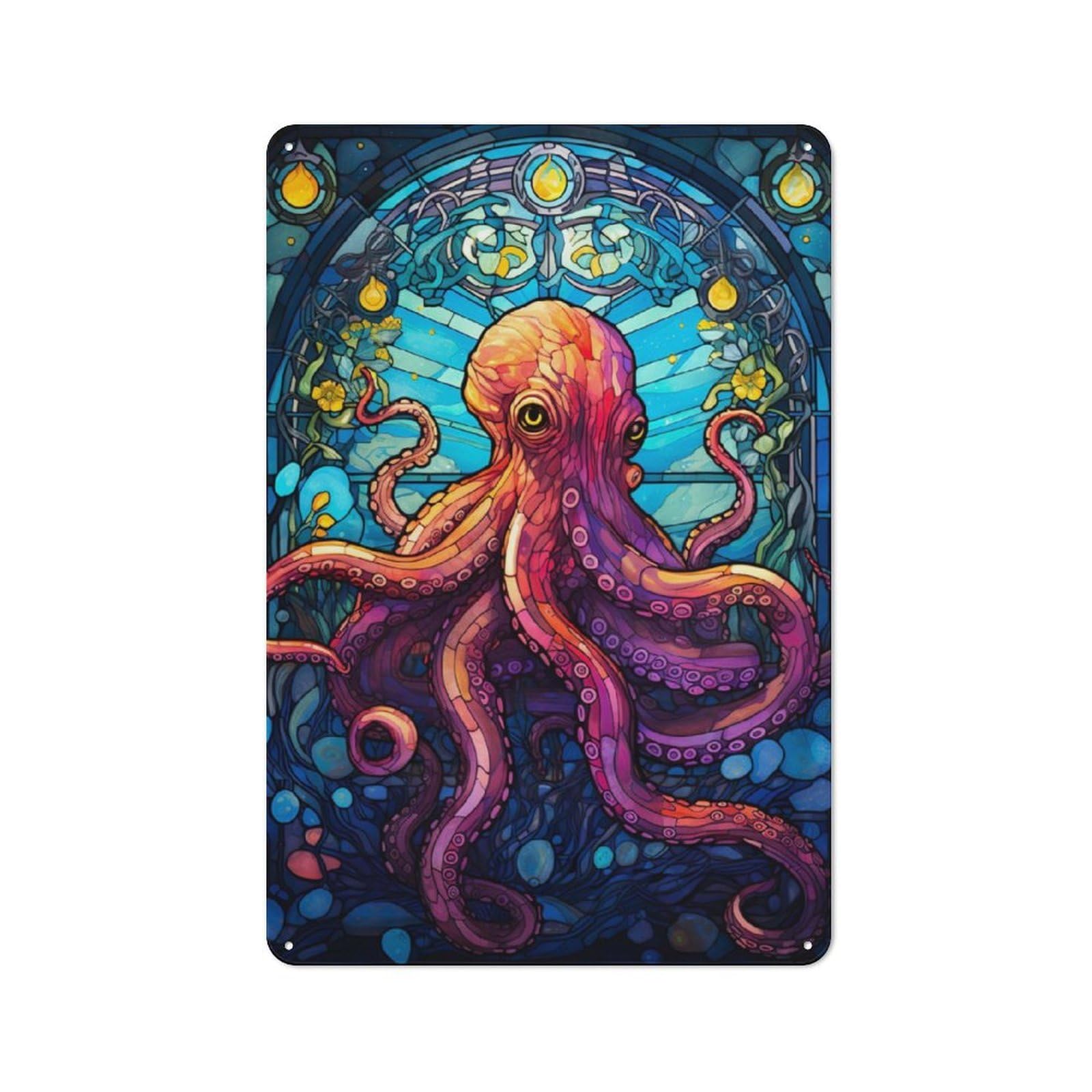 Junmoney Octopus Stained Glass Decorative Metal Plaque With Design 30X20cm, Casual Utility Space Decor For Patio Bar, Workshop, Shed Or Kitchen