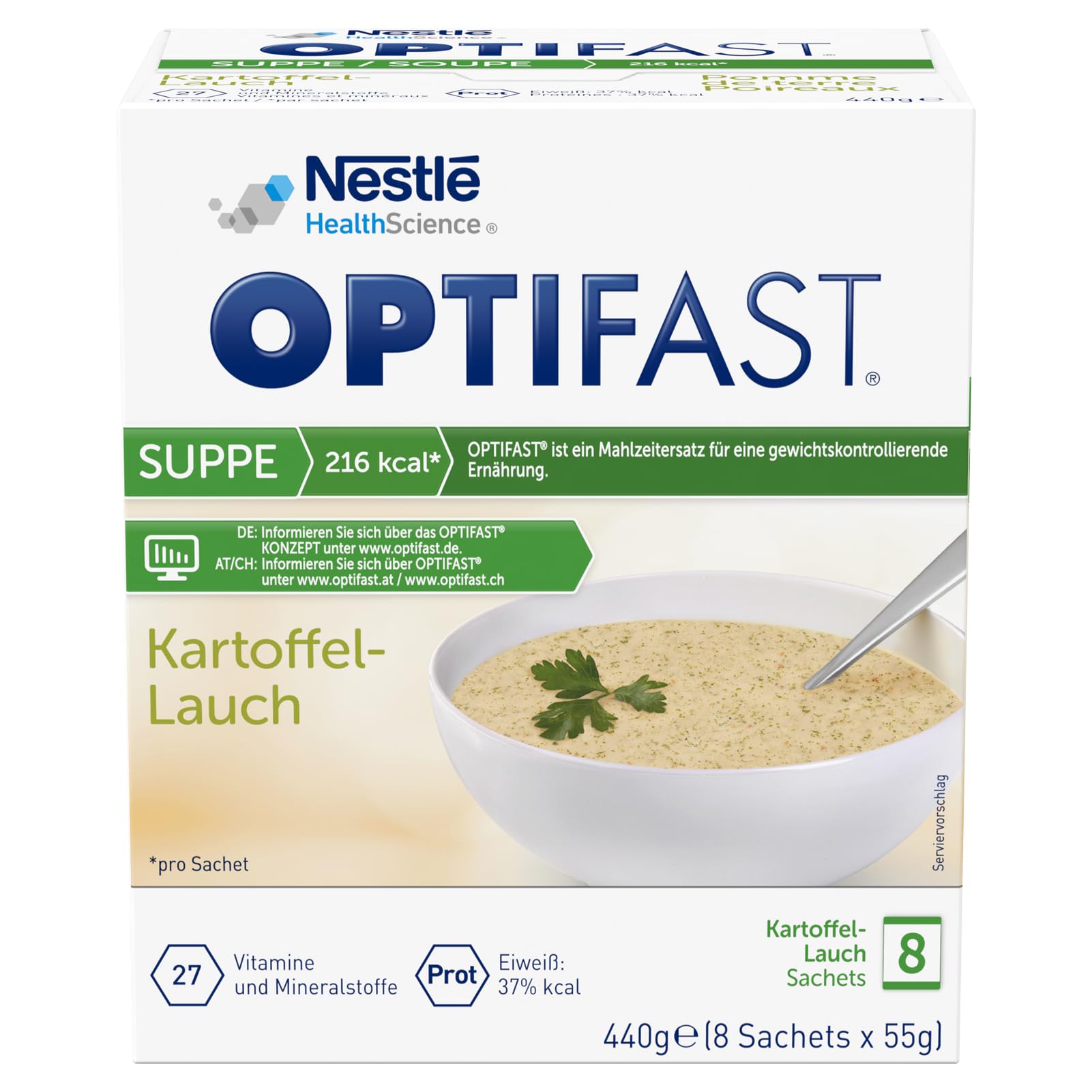 OPTIFAST® Diät Suppe Kartoffel Lauch zum Abnehmen | eiweißreicher Mahlzeitenersatz mit wichtigen Vitaminen und Mineralstoffen | schnell zubereitet und lecker im Geschmack | 8 x 55g