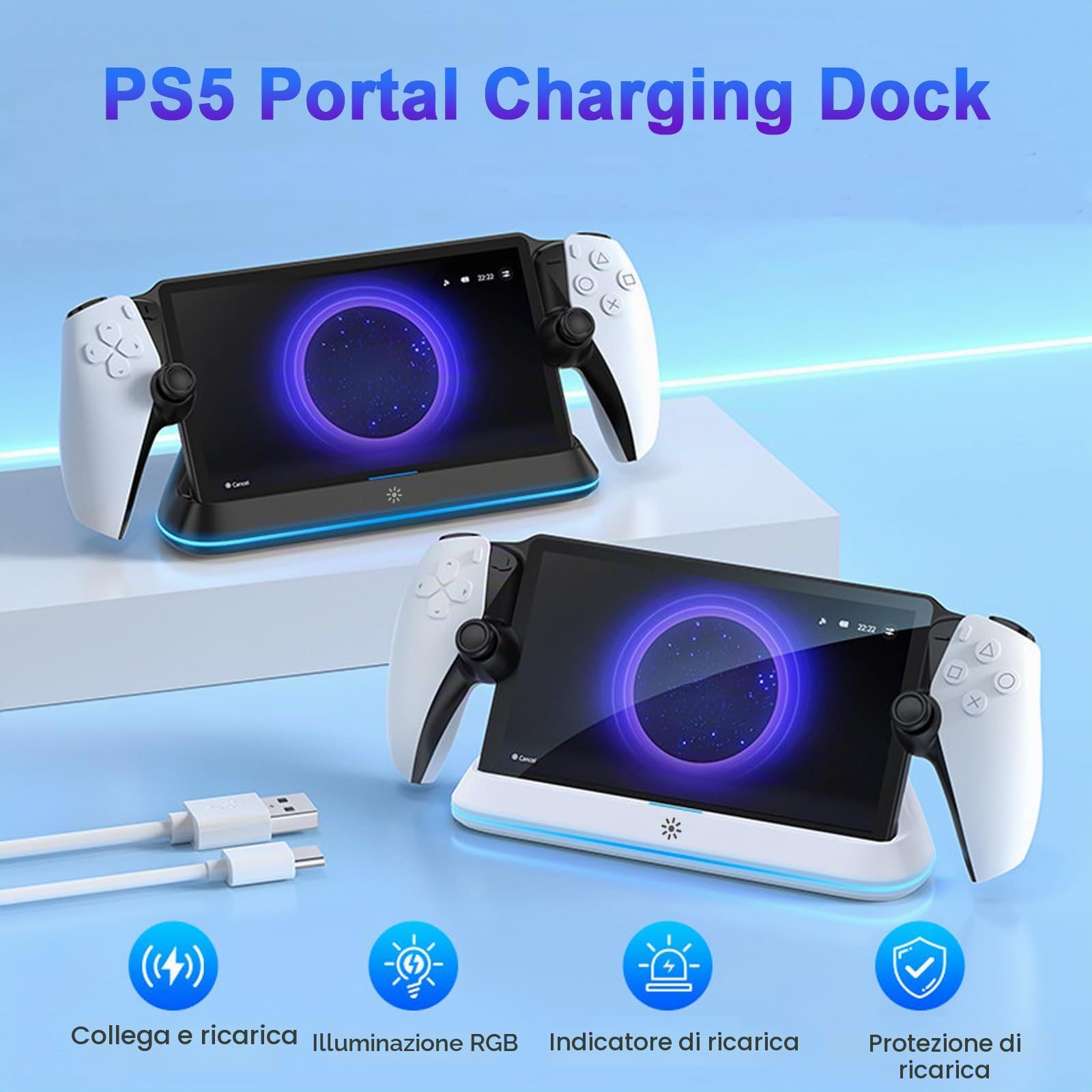 Stazione di Ricarica per PS Portal Remote Player, Supporto di Ricarica per PS5 Portatile,Caricatore Magnetico Type-C per PS5 Console con 7 Luci RGB Led,per Playstation Portal Accessori