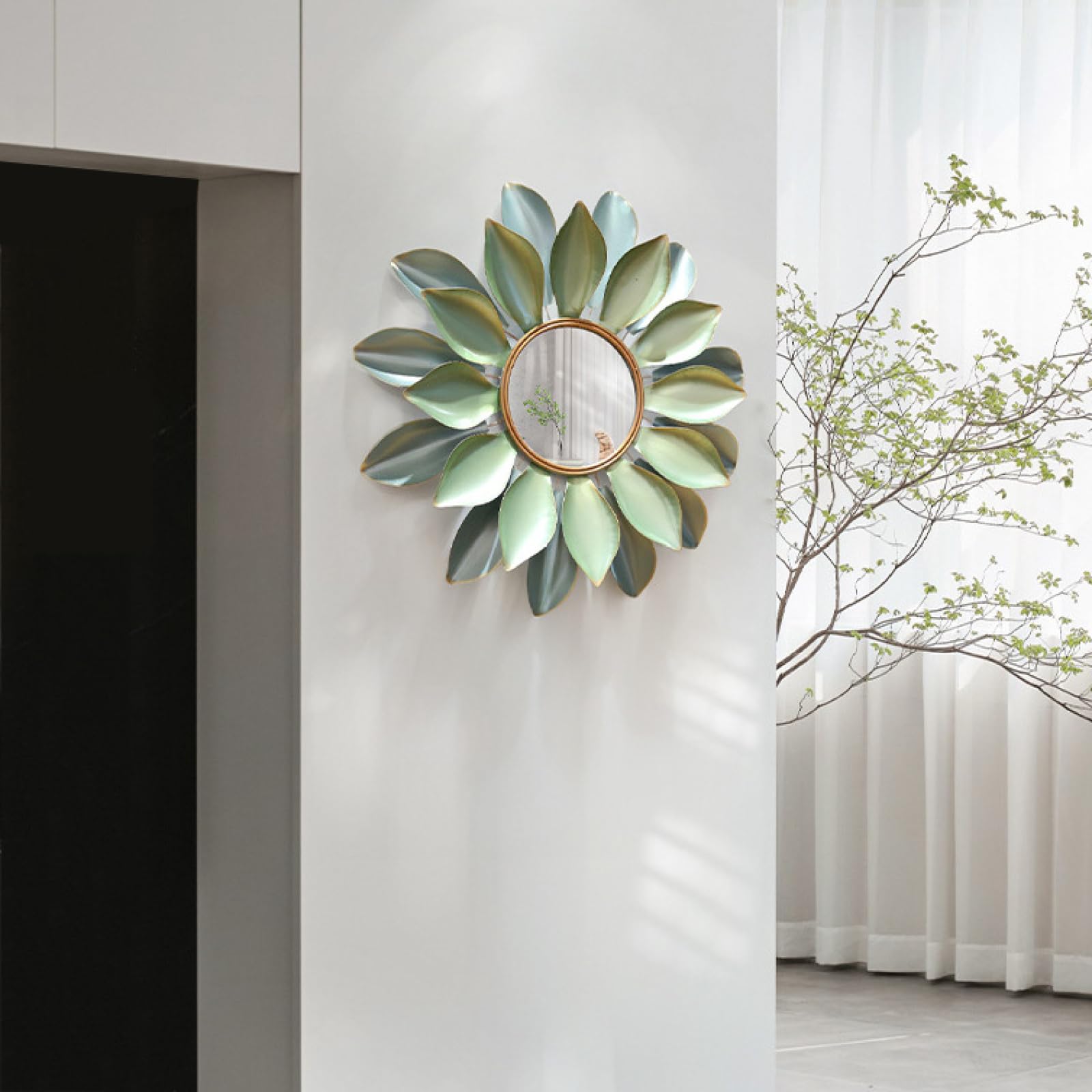Metalowe kwiatowe lustro dekoracyjne z liśćmi, 80 cm, duże, okrągłe, wiszące dzieło sztuki ściennej, do salonu, sypialni, przedpokoju, metalowa rama, dekoracyjne wiszące lustro