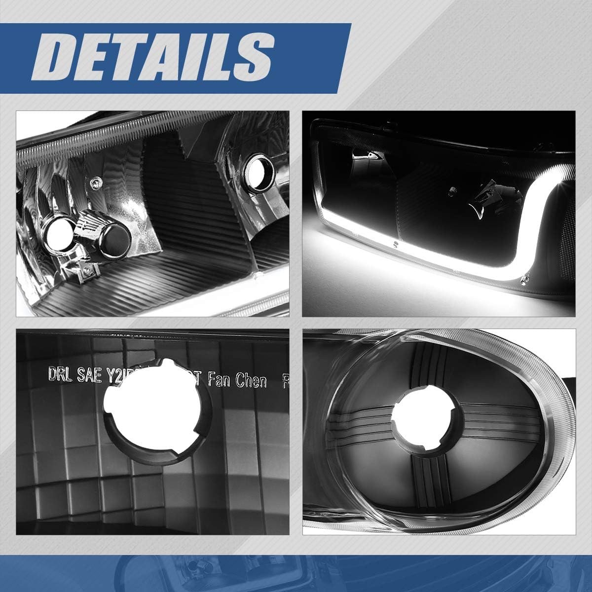 Auto Dynasty 4PCS LED DRL Headlights and Bumper Lamp Compatible with GMC Sierra Yukon XL 1500 Denali 01-07, Driver and Passenger Side, Black Housing Clear Corner