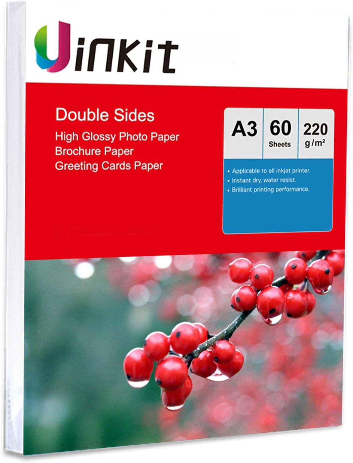 A3 Double Side High Glossy Photo Paper - Inkjet Paper 220gsm for Inkjet Printing Only -60sheets Uinkit