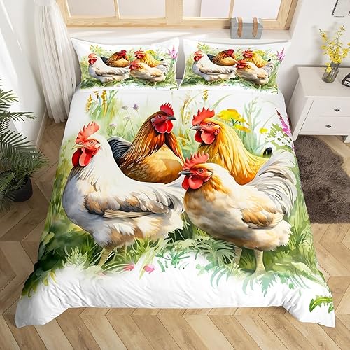 Miniatura 8 de Funda de edredón de gallo para niños y niñas, colorido juego de ropa de cama de pollo tamaño individual, funda de edredón de flores botánicas de