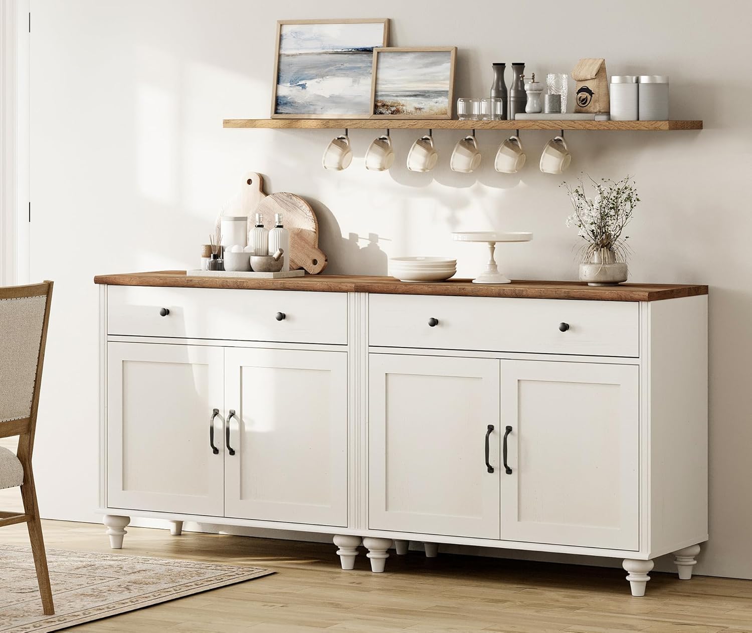 WAMAPT Large Buffet Cabinet with 4 Doors and 2 Drawers, Modern Coffee Bar Table Wood Kitchen Storage Cabinets with Adjustable Shelf, Farmhouse Sideboard Credenza for Dining Room, Off White, 68 inch