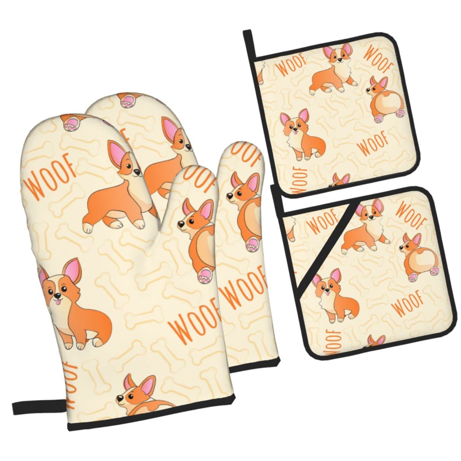 Corgi with Bones and Words Oven Mitts and Pot Holders Sets, Christmas Oven Mitt Kitchen Heat Resistant Non-Slip Pot Holders Set for Cooking Baking BBQ