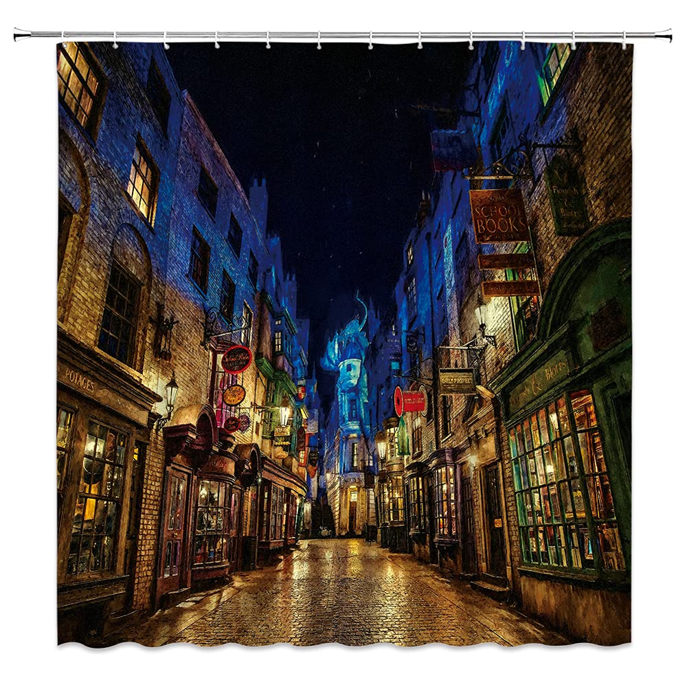 Duschvorhang 'Magic World' • Fantasy-Stadt Landschaft • 178x178 Cm • 100% Polyester • Mit 12 Haken • Maschinenwaschbar