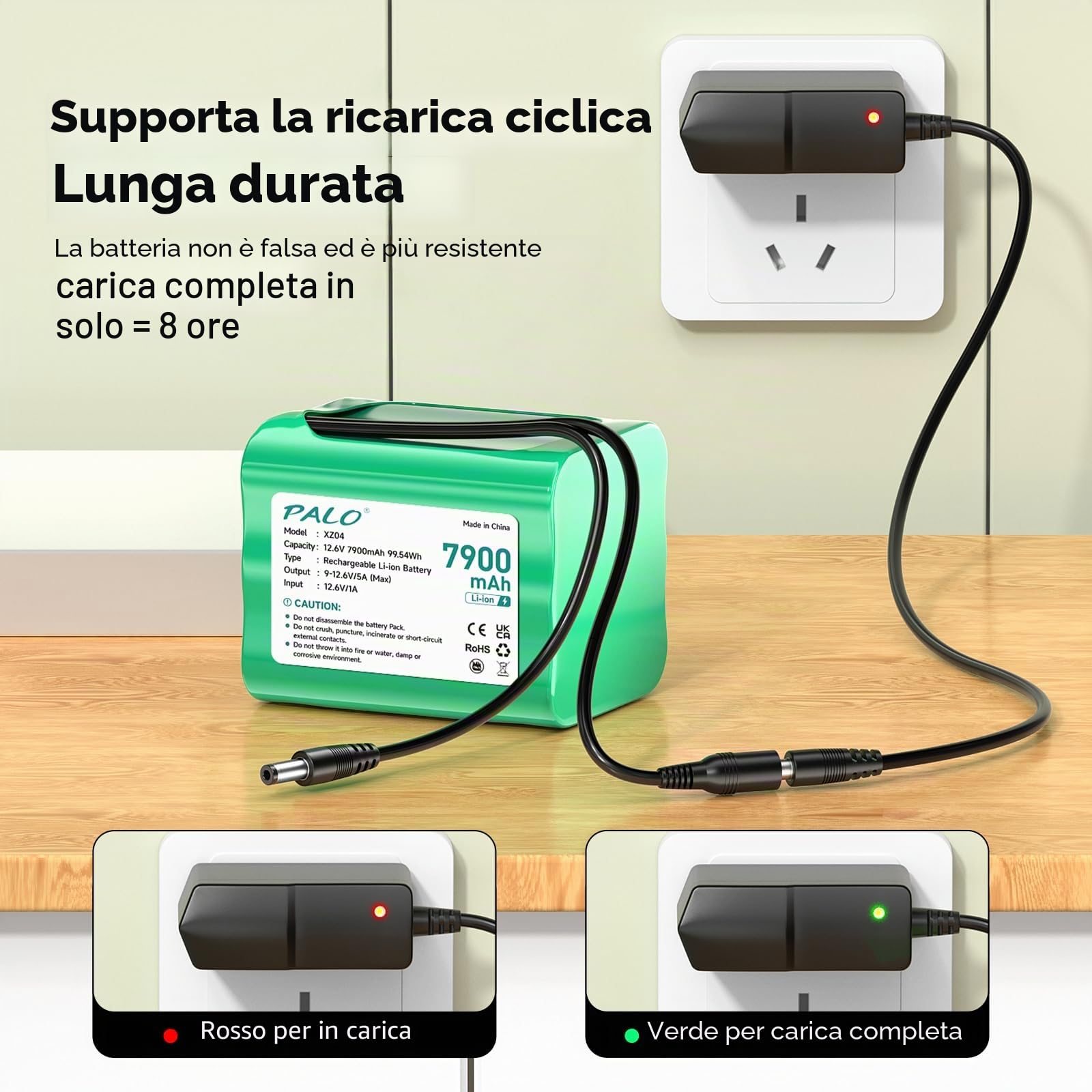 Batteria DC da 12,6 V, 7900 mAh, per dispositivi da 12 V, con caricatore, cavo di collegamento, adattatore di alimentazione e adattatore di alimentazione per luci a LED, lettore MP3, router, fai da te