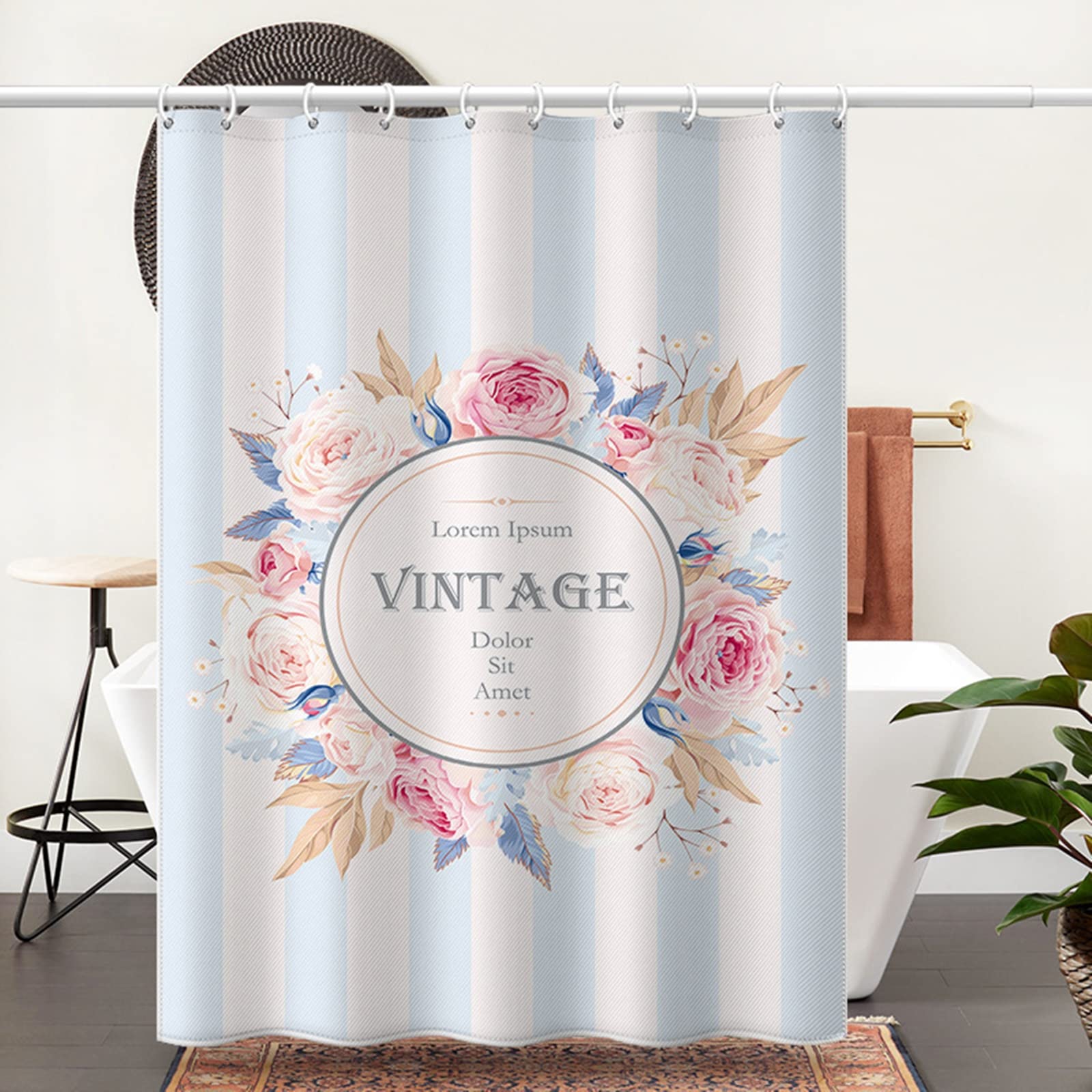 Rideau de douche bouquet de fleurs bleu rose KnSam déco de bain