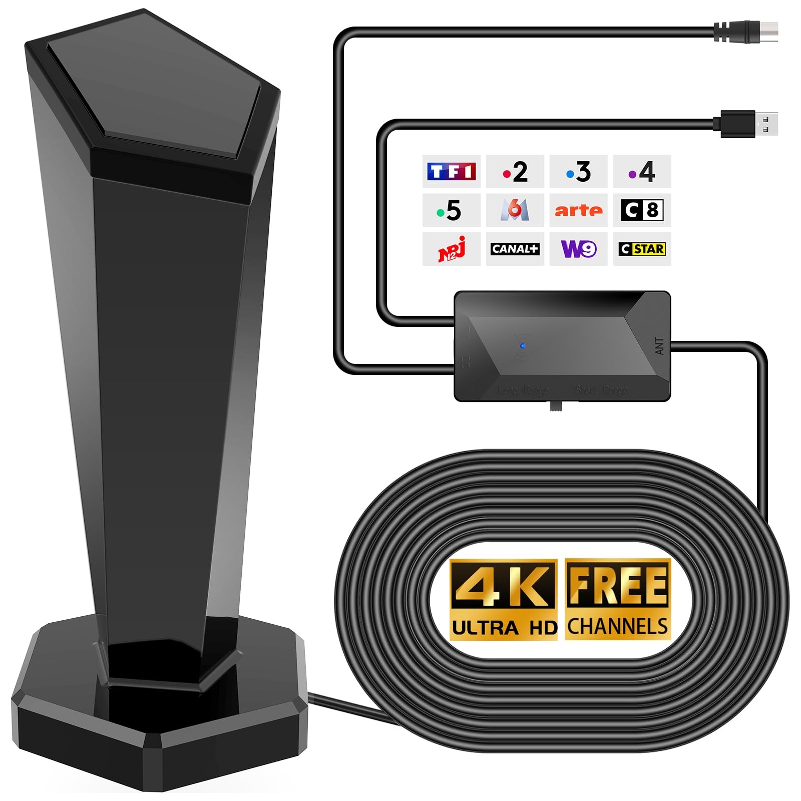 Antenna TV interna potente TNT,460+KM Antenna TNT InteRieur con amplificatore di segnale ad alto guadagno, ricezione a lungo raggio a 360°, compatibile con Smart TV 1080P 4K DVB-T2