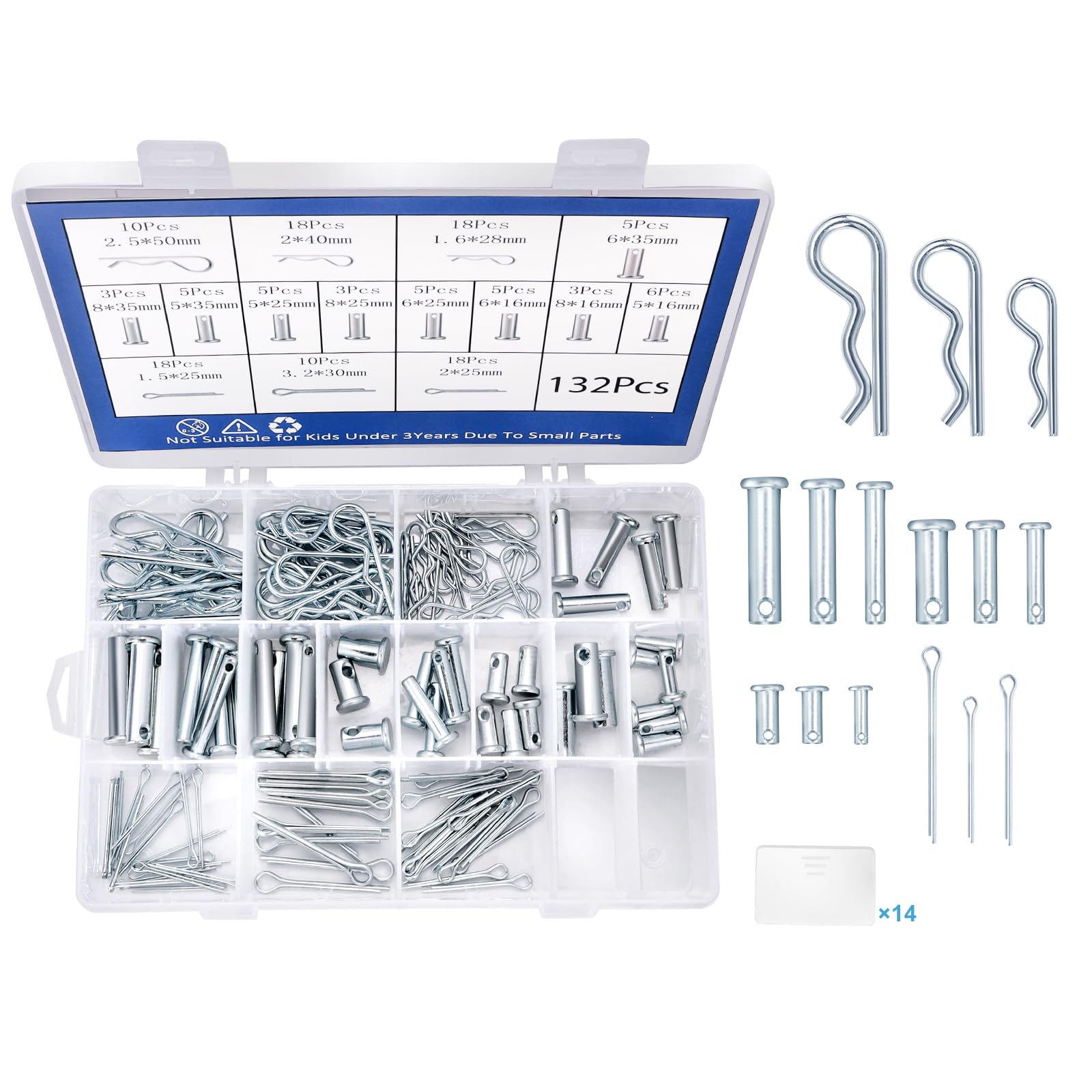 Photo 1 of 132PCS Clevis Pins, Standard Galvanized Steel 15 Sizes Clevis Pin Cotter Pin Hair Pin Assortment Kit Fit for Trailers, Tractors, Trucks, Towing Mowings, Farm Equipments, Snow Plows, Lawn Mower