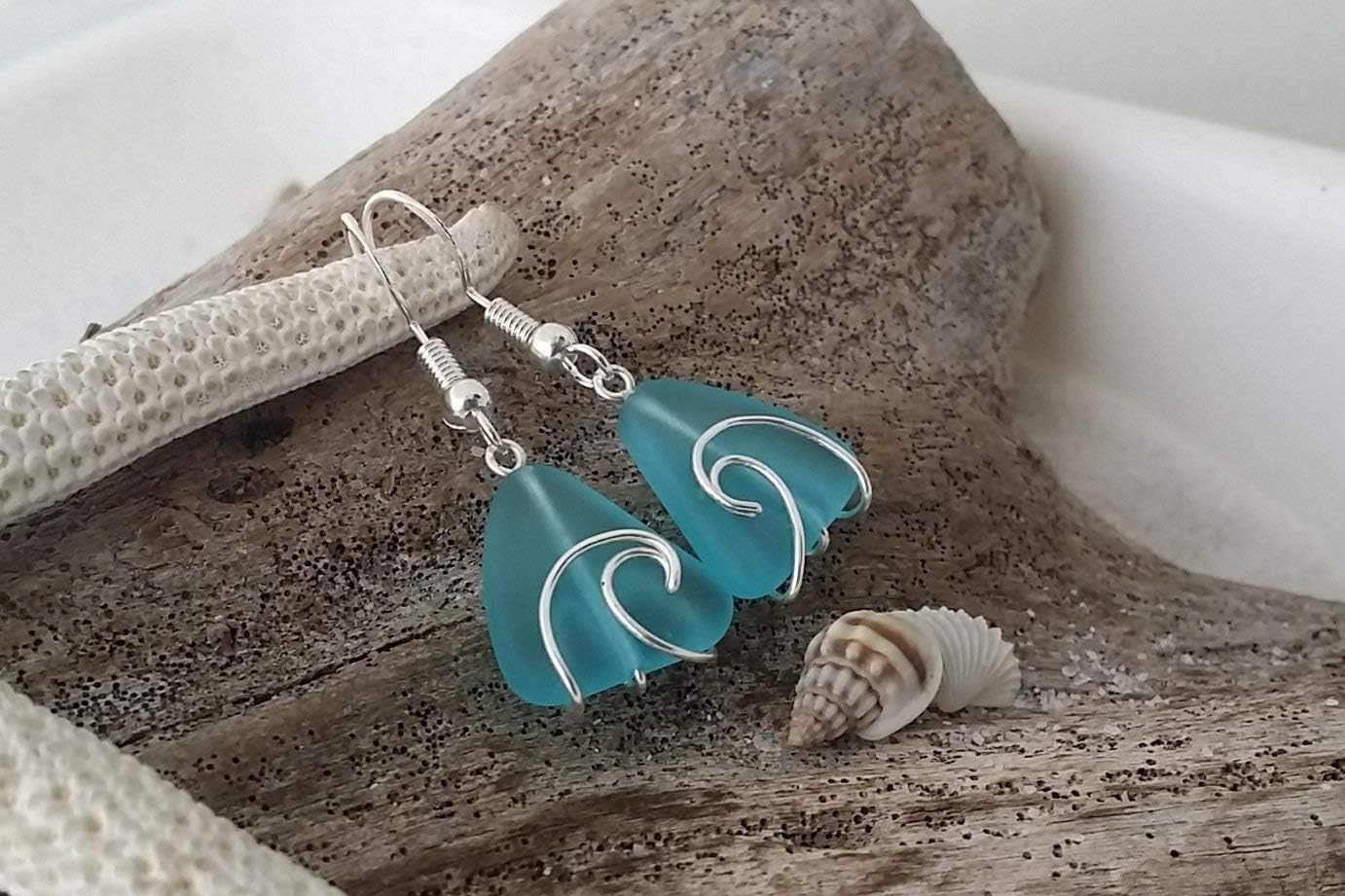 Handmade Sea Glass Earrings, Hawaiian Jewelry, Wire Wave Turquoise Blue Handmade Earrings Sea Glass Jewelry For Women Birthday Gift For Her (December Birthstone Jewerly)