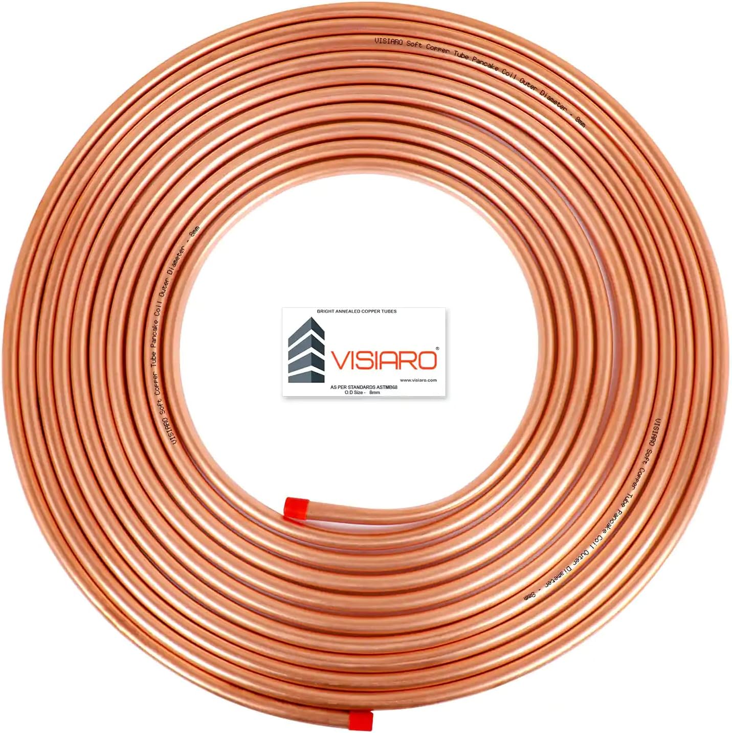 Visiaro Round Pure Soft Copper Tube, 15mtr, Outer Dia 8 mm, Wall Thickness 14 swg, 99.9% Purity, Industrial Metal, Seamless Pipe for Air Conditioning, Refrigeration, Plumbing Systems and DIY Projects