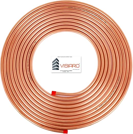 Visiaro Round Pure Soft Copper Tube, 15mtr, Outer Dia 8 mm, Wall Thickness 19 swg, 99.9% Purity, Industrial Metal, Seamles...