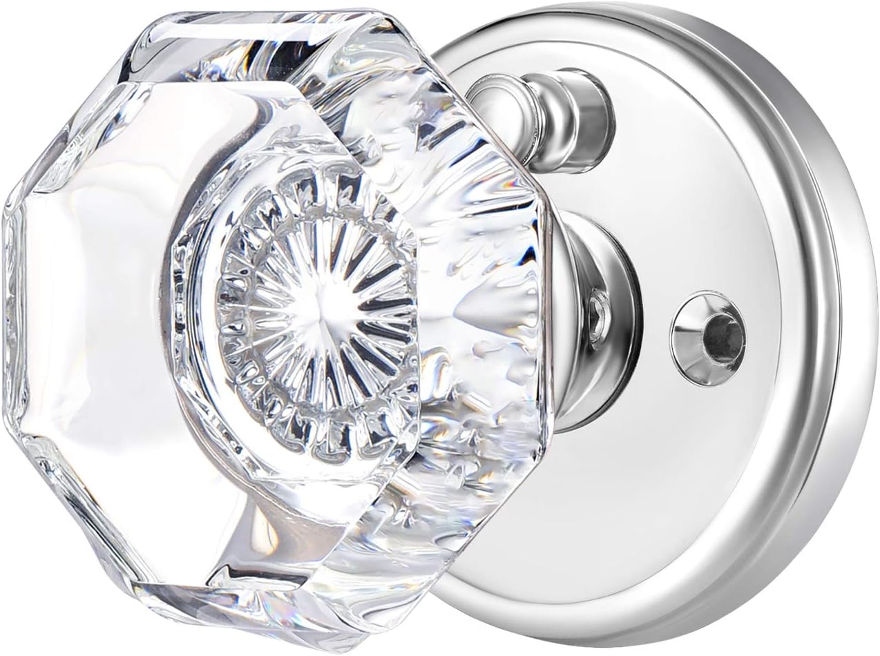 Privacy Crystal Glass Door Knobs Interior with Lock, Modern Octagon Door Knobs for Bedroom/Bathroom, Polished Chrome Finish