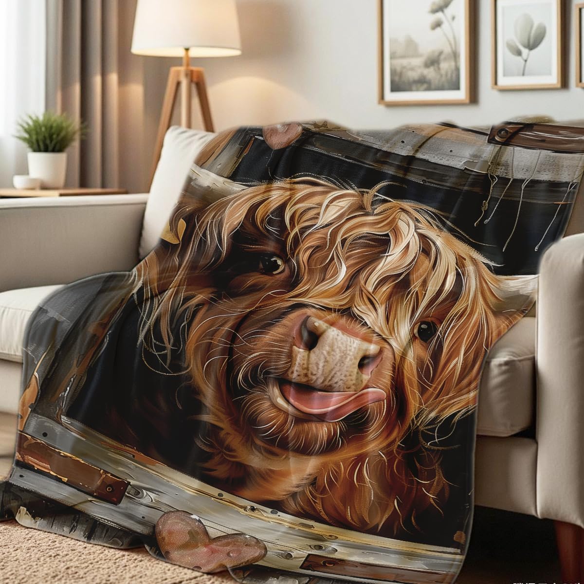 Printed Bed Blanket Highland Cow Blanket Queen Size Flannel Blanket Cattle Farm Animal Throw Blanket for Couch Sofa Living Room Travel Decor (49"x59")