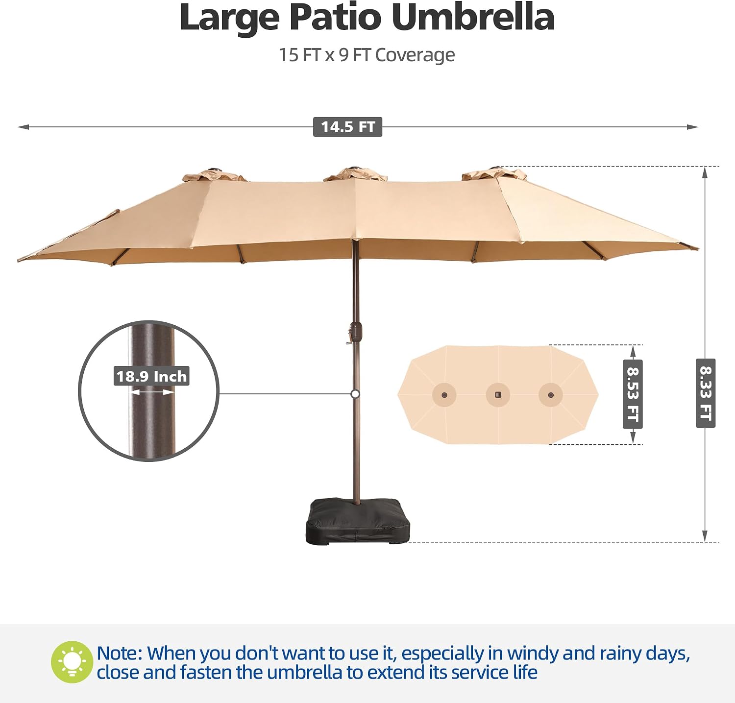 CAODOC 15FT Double-Sided Rectangle Patio Umbrella with Heavy Duty Base, Outdoor Crank Market Umbrella for Poolside Garden Deck Backyard Beach - Beige