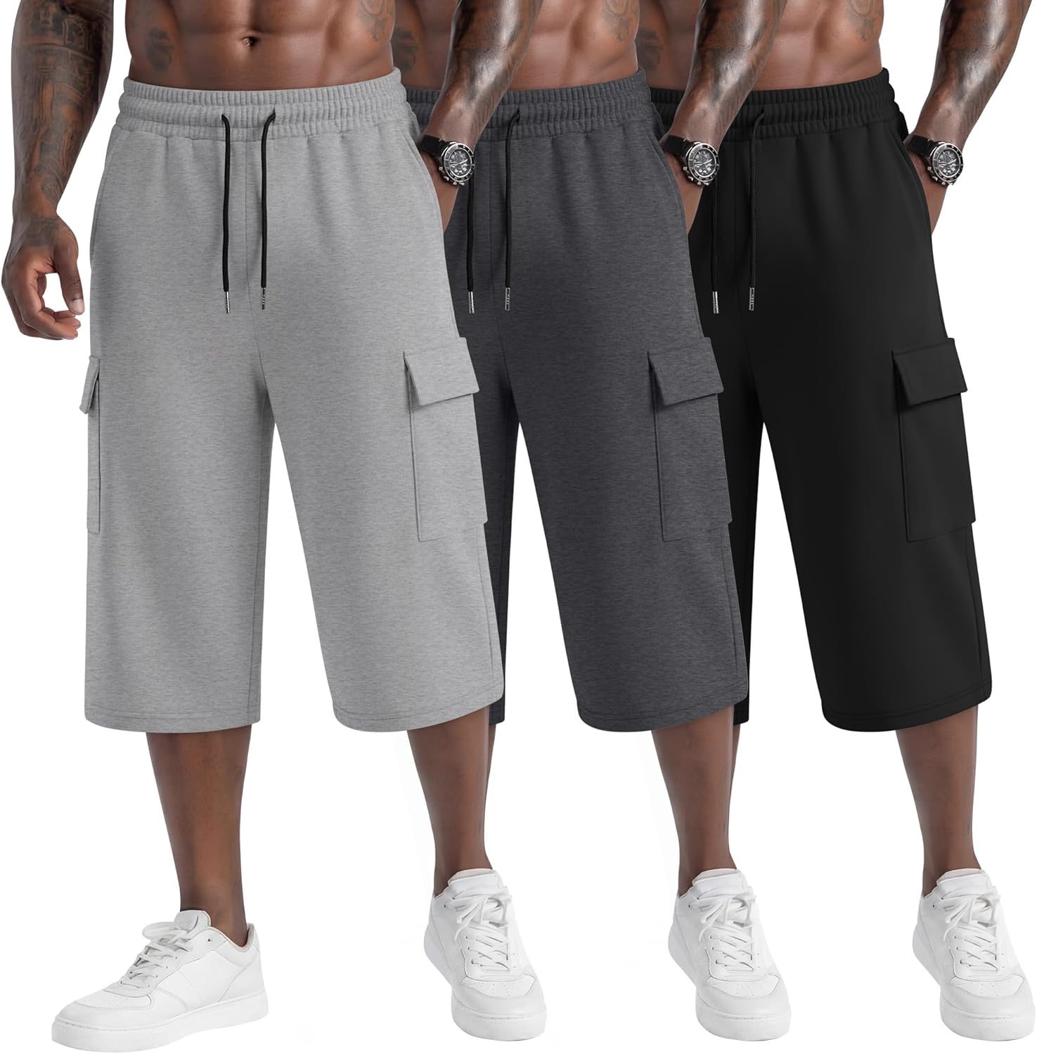 Neer 3 Pack Men's Capri Cargo Pants Big and Tall Baggy 3/4 Shorts Drawstring Below Knee Pants Summer Casual with Pockets