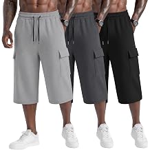 Neer 3 Pack Mens Capri Cargo Pants Big and Tall Baggy 3/4 Shorts Drawstring Below Knee Pants Summer Casual with Pockets