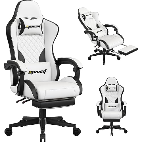 Opiesit Gaming Chair, Computer Gaming Chairs with Footrest, Linkage Armrests and Lumbar Support, High Back Ergonomic Office Chair for Adults, Big and Tall Desk Chair(White)