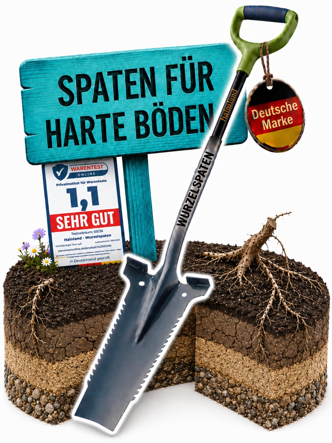 halmland® Profi Wurzelspaten mit Spezialspitze auch für Harte Böden - durchtrennt Wurzeln | Spaten mit Wurzelsäge | robuster Spaten Garten aus Carbonstahl & Fiberglas | Schaufel für Gartenarbeit